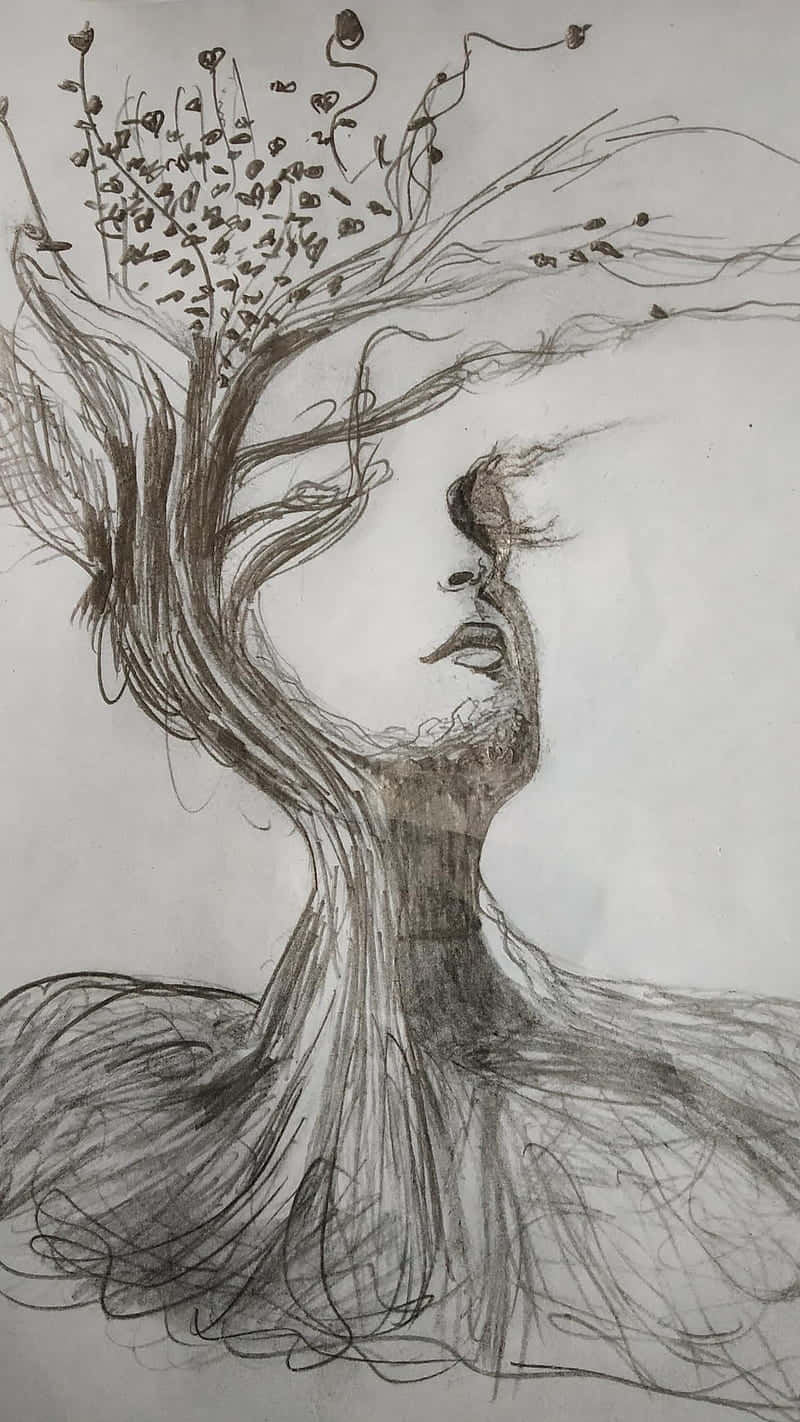 女性的臉與樹融為一體，心形葉子從樹枝上綻放。