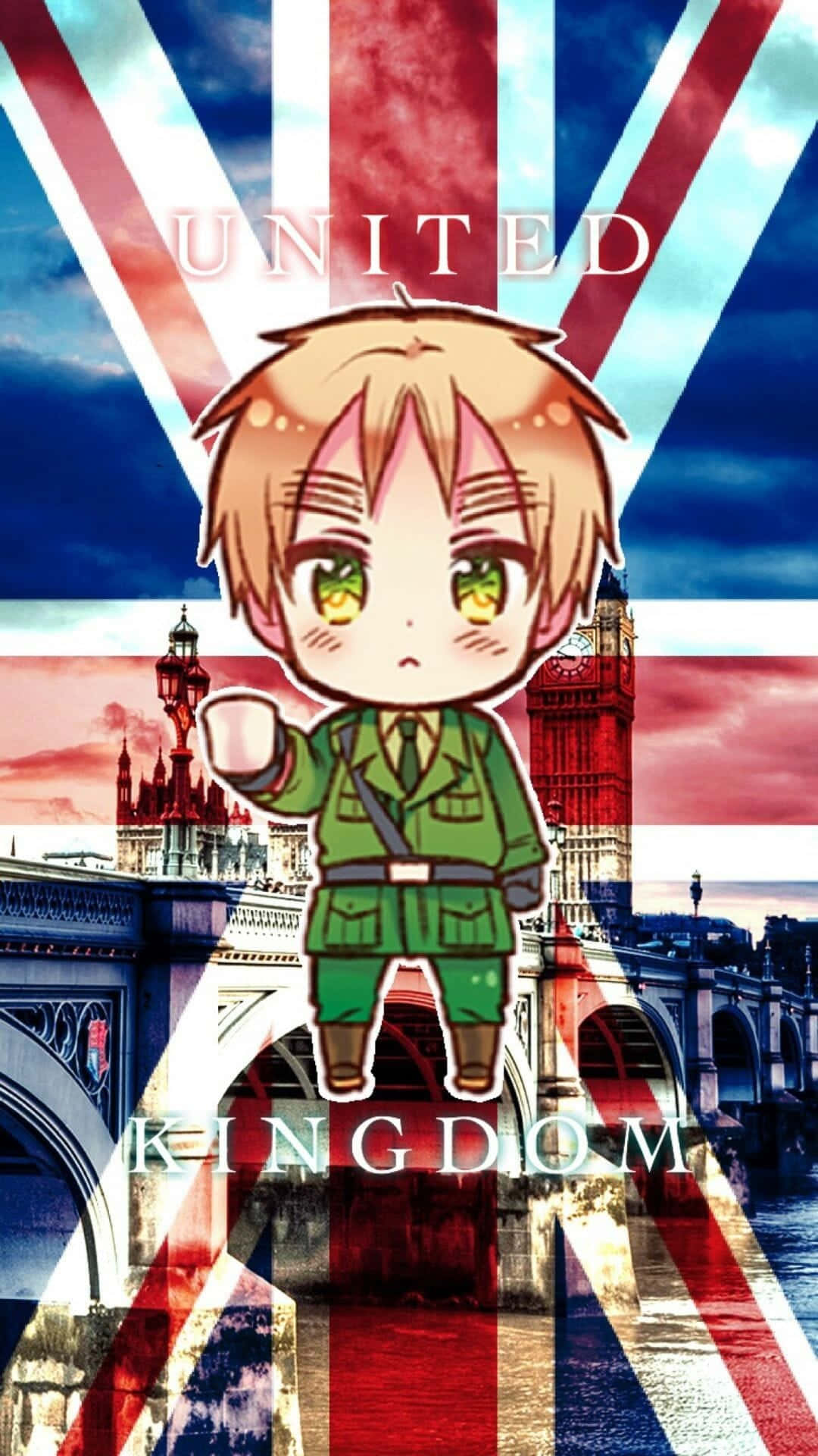 可愛動畫士兵在倫敦地標前揮手，背景為英國國旗。