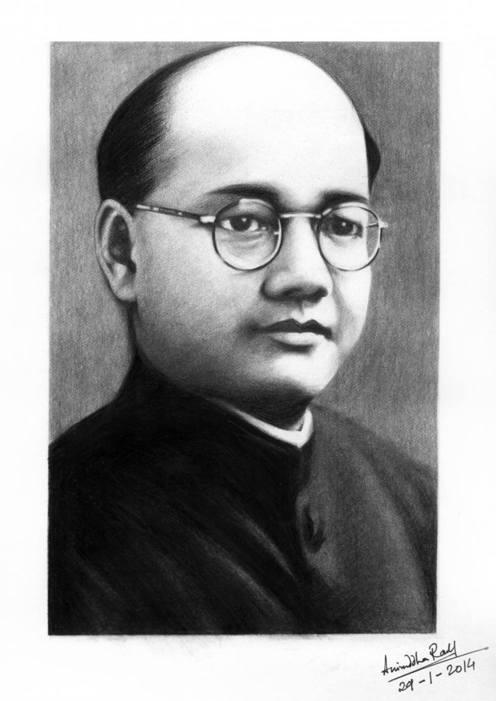 戴圓眼鏡和深色衣服的男人的肖像畫。