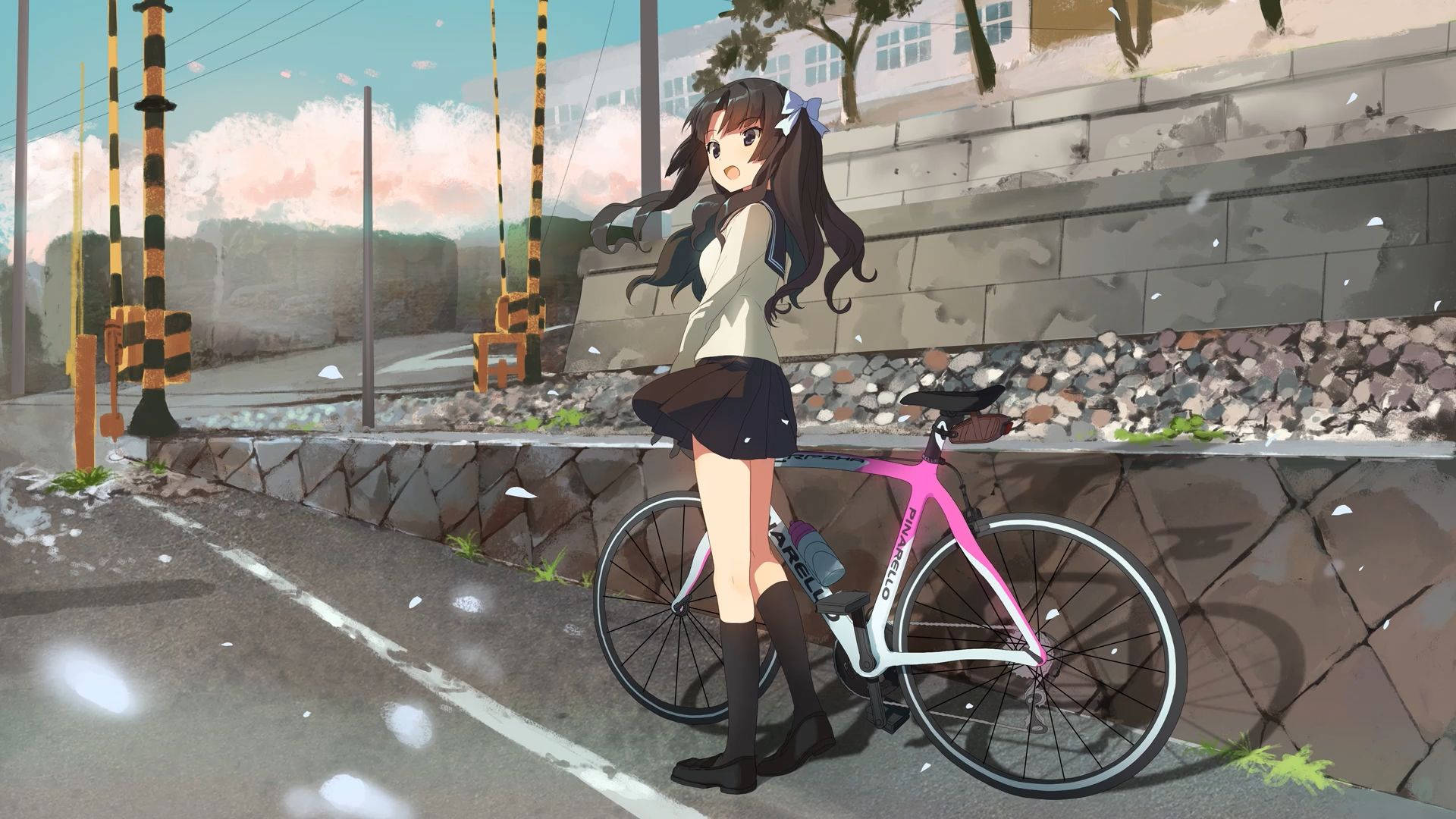 長髮的動漫女孩站在鐵路道口旁，旁邊有一輛粉紅色自行車。