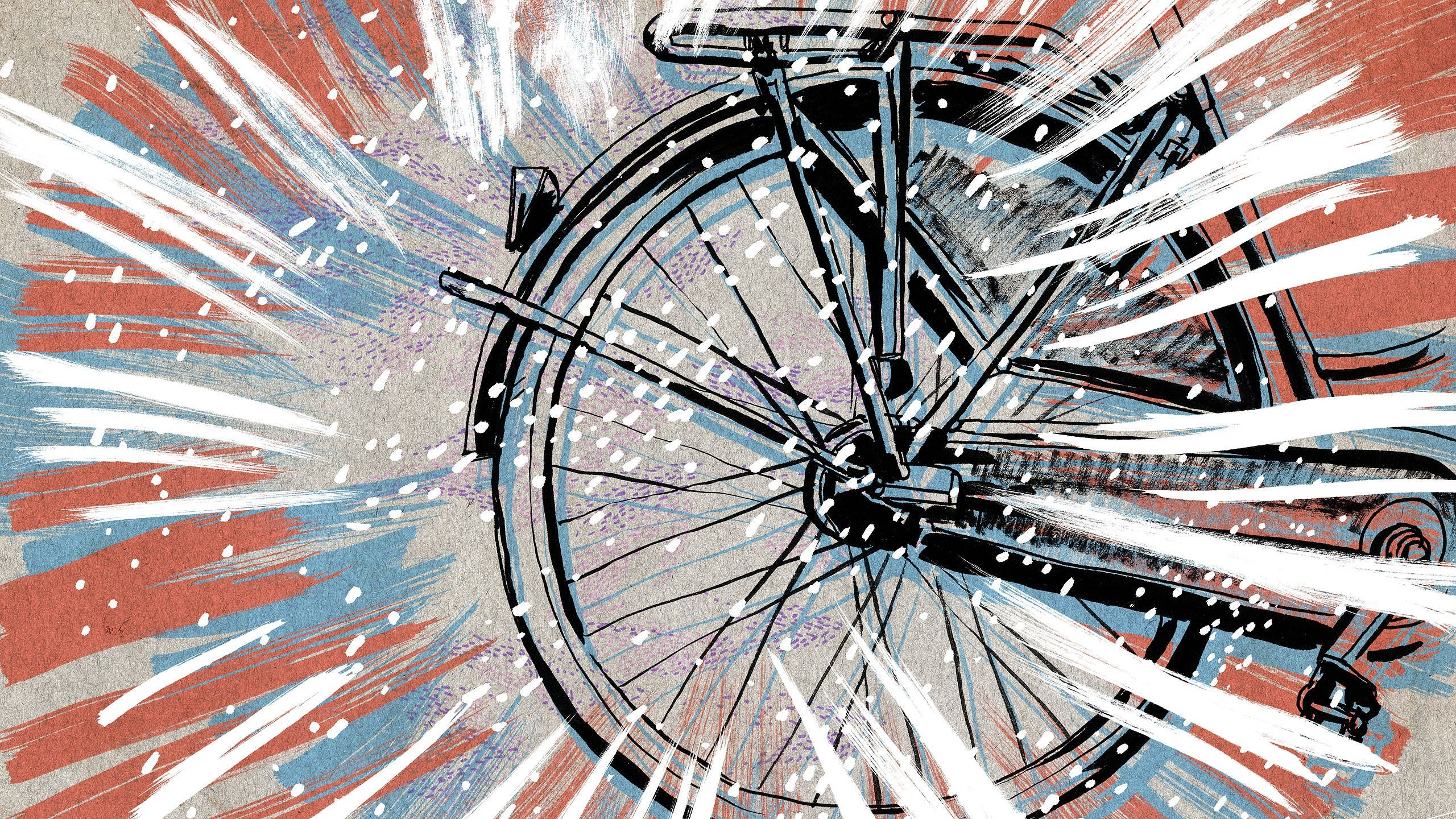 自行車輪圈藝術 壁紙 — 一個動態插圖，描繪自行車輪在帶紋理的紅藍背景上旋轉，帶有白色條紋。