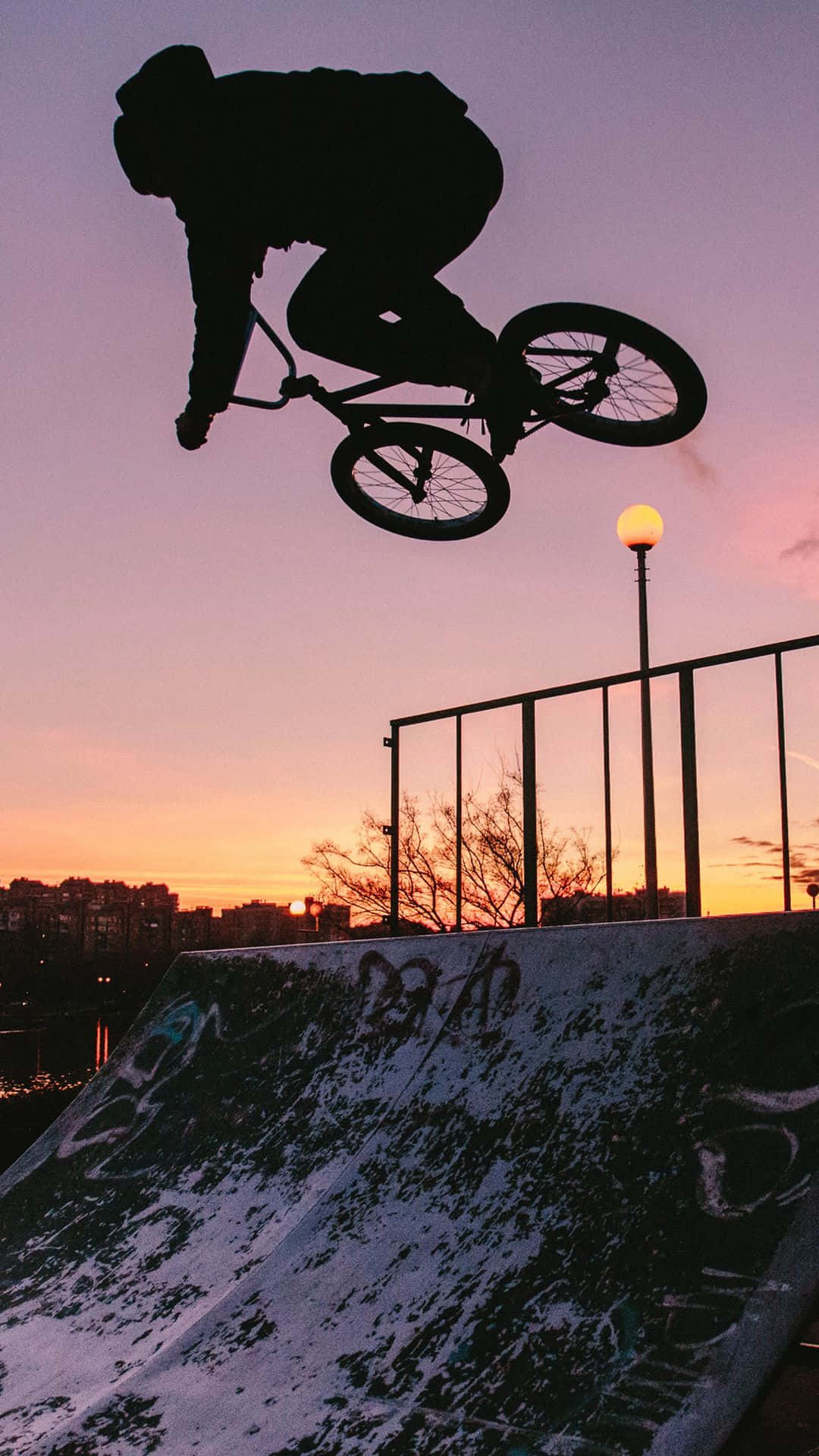 BMX車手在日落時分在塗鴉坡道上空以剪影表演特技。