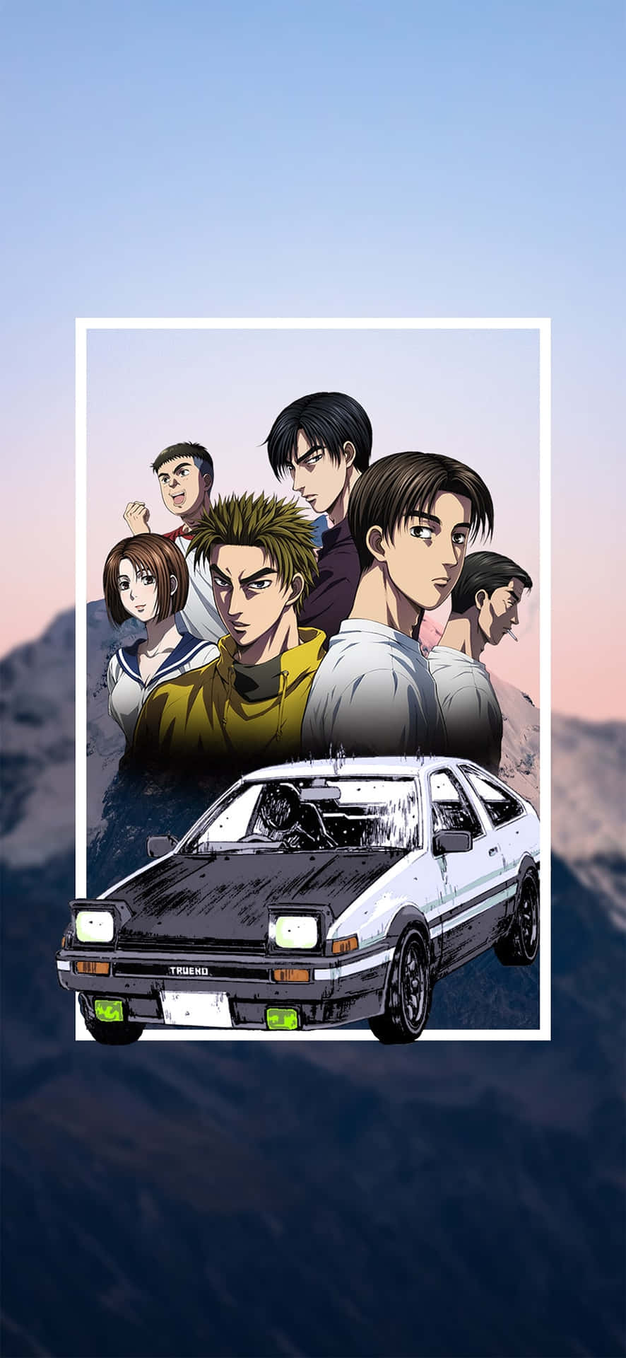 動漫角色和白色AE86汽車在日落時分的山上。