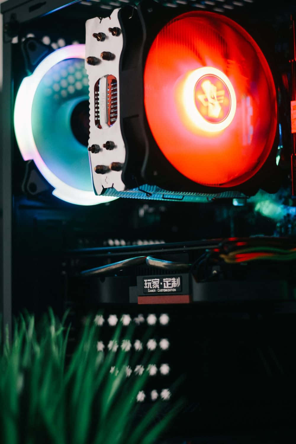 Cool Gaming 桌布 壁紙 — 自訂PC機箱內部發光RGB風扇的特寫，前景有綠色植物。