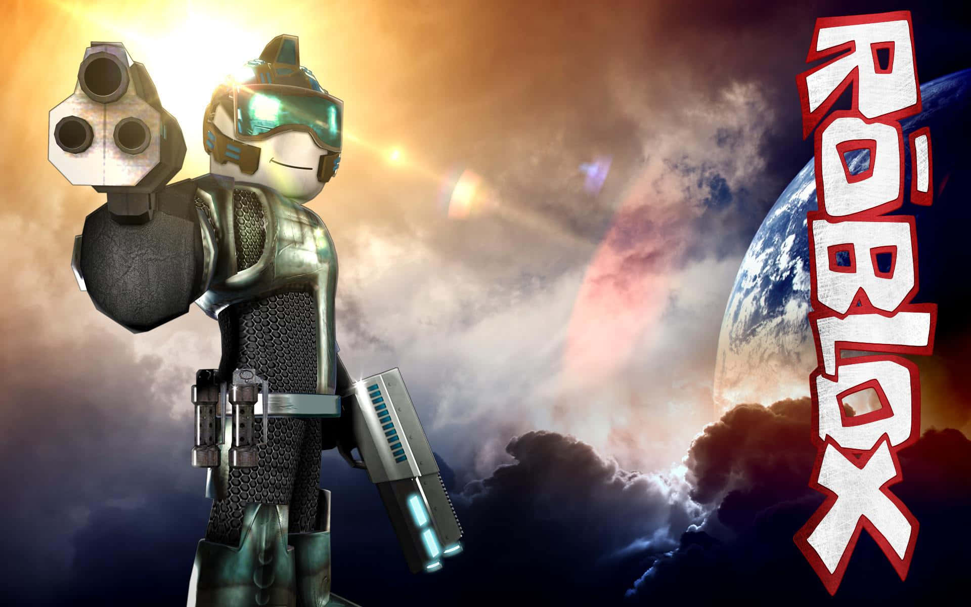 Roblox 角色穿著太空盔甲，手持武器，背景是地球。