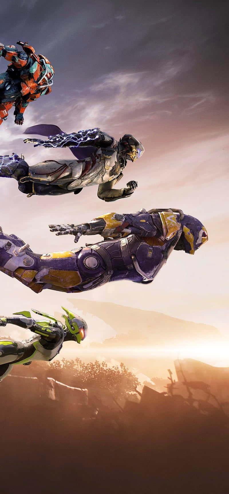 自訂你的Javelin，探索《Anthem》世界 壁紙 — 四位身穿裝甲的未來戰士在昏暗的天空中翱翔，下方是陽光照耀的戰場景觀。