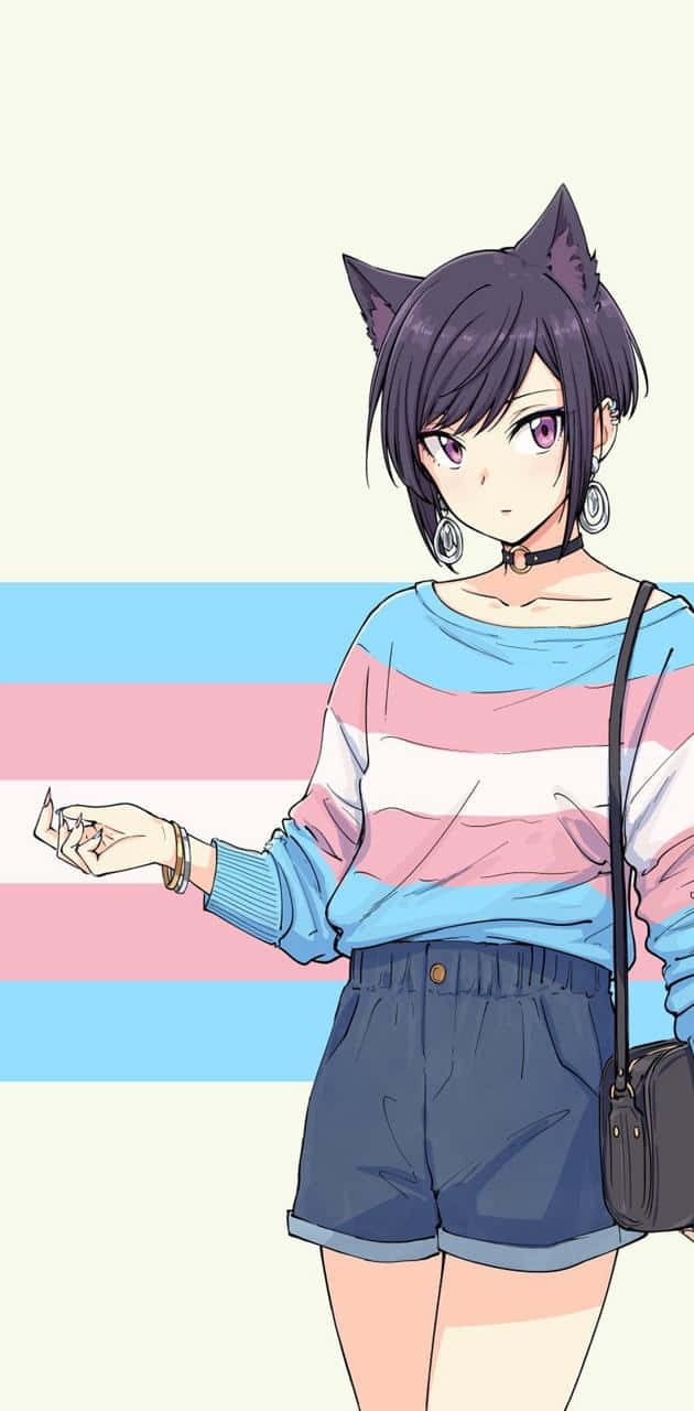 擁有貓耳和紫色眼睛的動漫女孩，穿著條紋襯衫和短褲。
