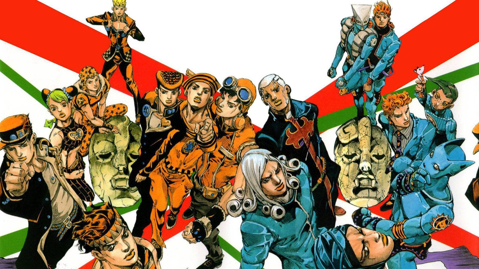 臭名昭著的JoJo 壁紙 — 動漫角色穿著大膽服裝，在紅、綠、白條紋背景前英勇擺姿勢。