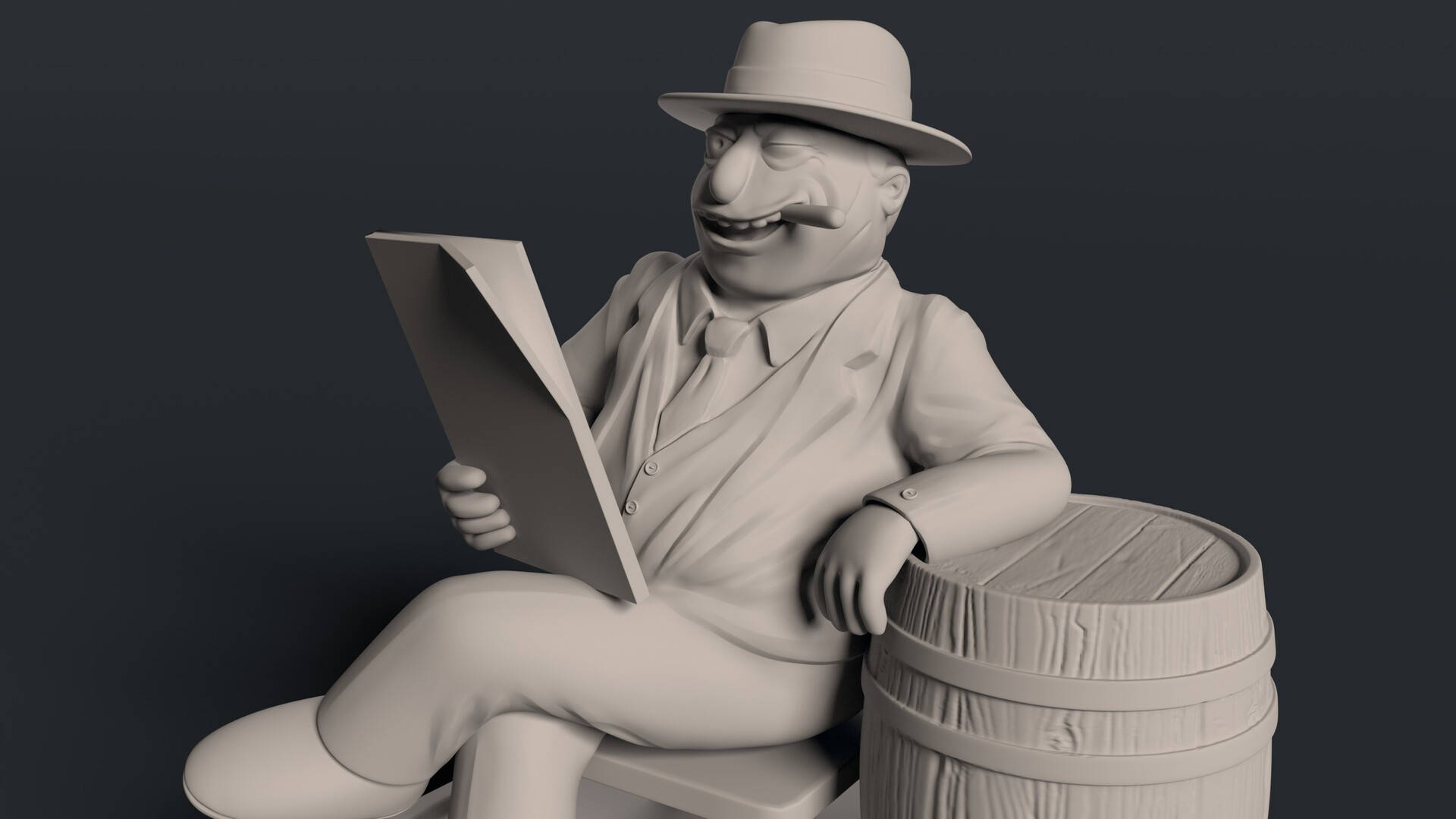 臭名昭著的艾爾·卡彭3D模型 壁紙 — 一個戴著軟呢帽、穿著西裝的歡樂卡通男人坐在木桶旁邊的凳子上看報紙。