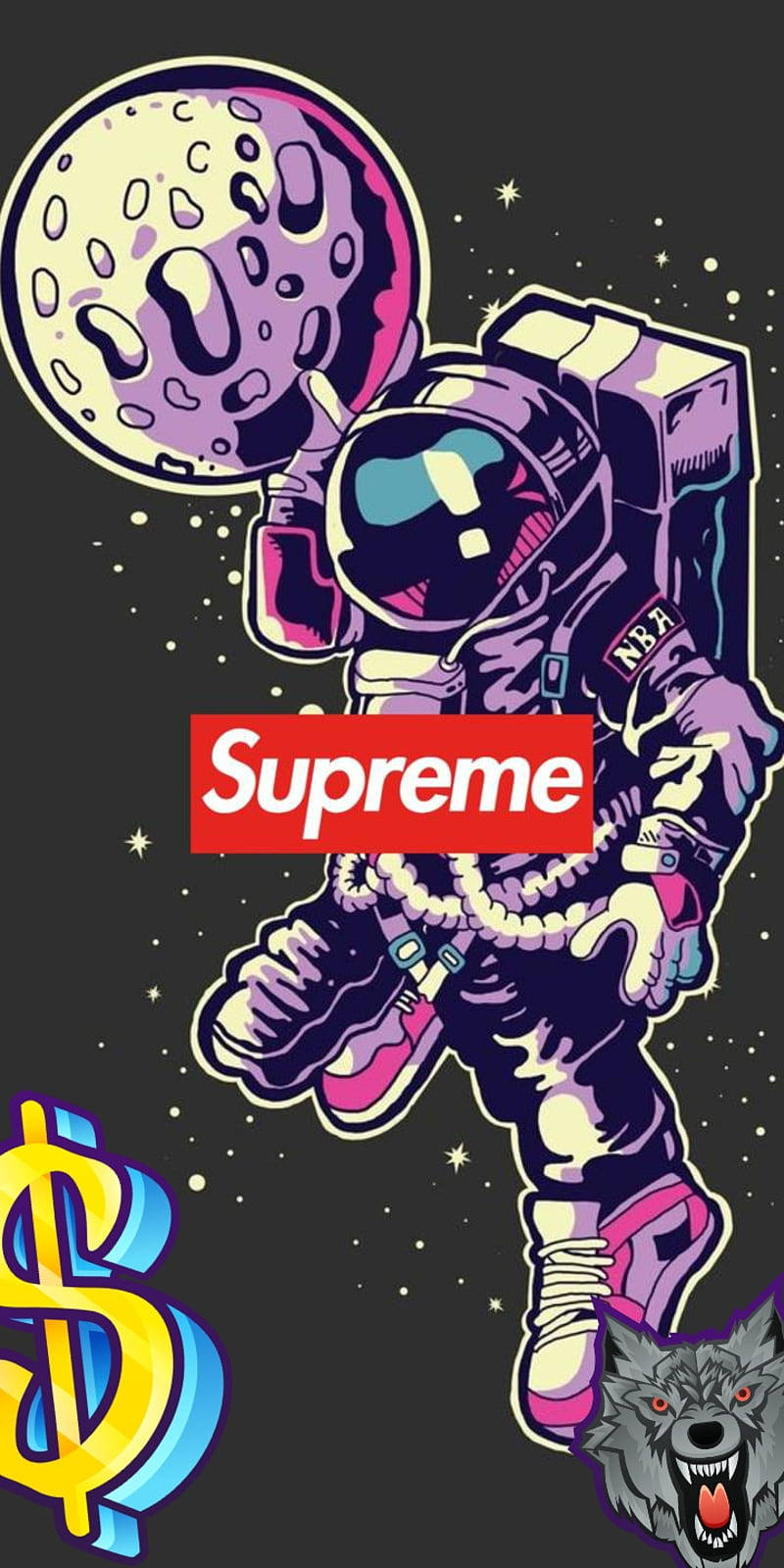 至尊Supreme標誌於宇宙背景 壁紙 — 一個風格化的紫色裝備太空人，在星空背景下抱著一個月亮，上面有美元符號和狼圖案。