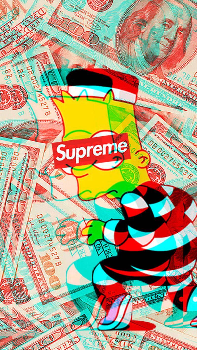 至尊Supreme標誌配巴特·辛普森 壁紙 — Bart Simpson 穿著 Supreme 連帽衫，站在一堆混亂的美國百元鈔票上，帶有故障色彩失真效果。