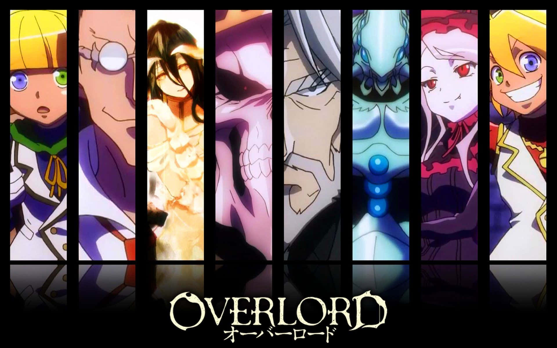 至高者動畫海報圖像 壁紙 — 來自《Overlord》的七個動漫角色站在垂直面板中，帶有戲劇性的燈光和強烈的表情。
