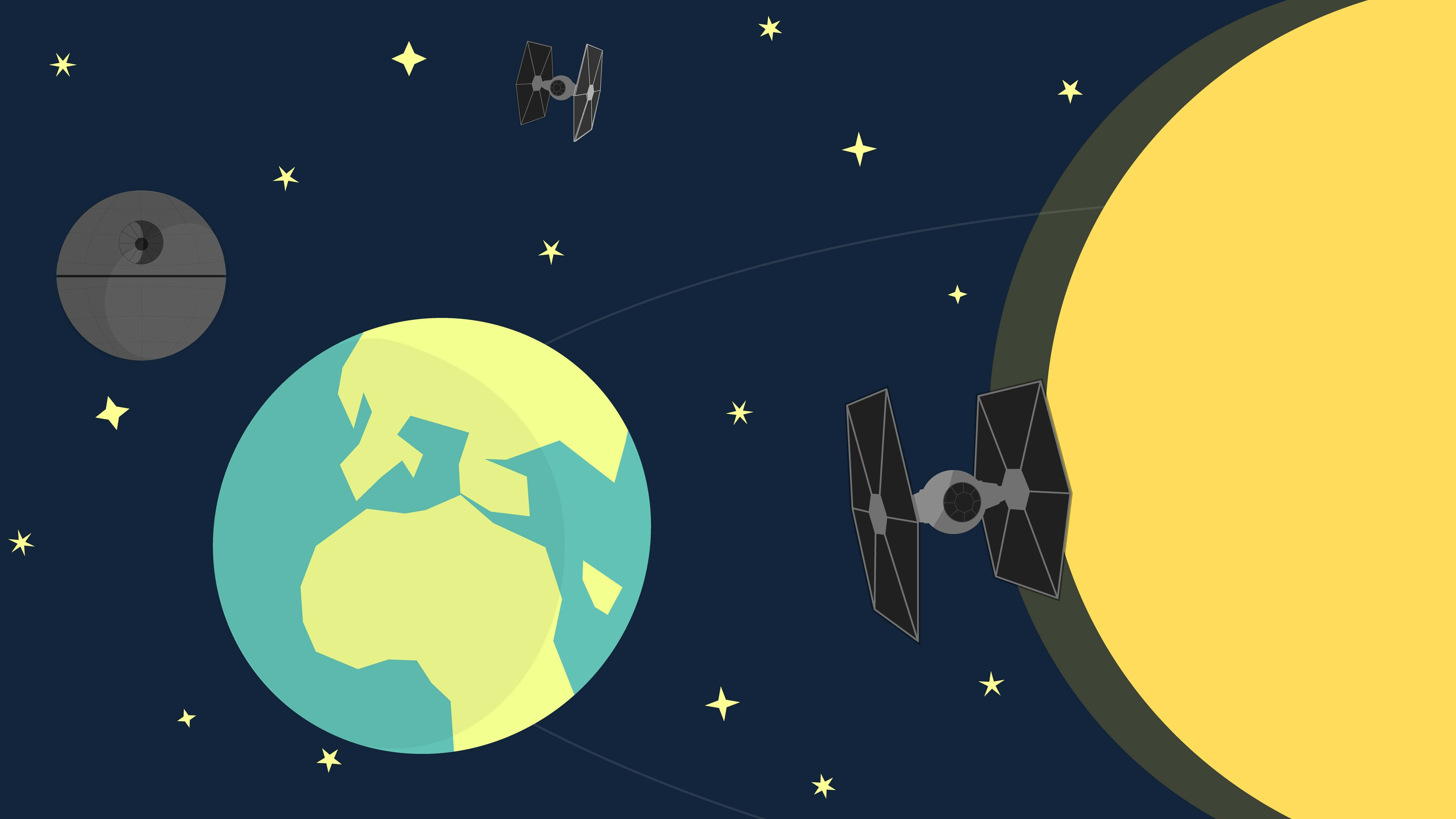 致命的死星 壁紙 — TIE 戰機在星空翱翔，靠近地球、死星和一顆巨大的黃色行星。