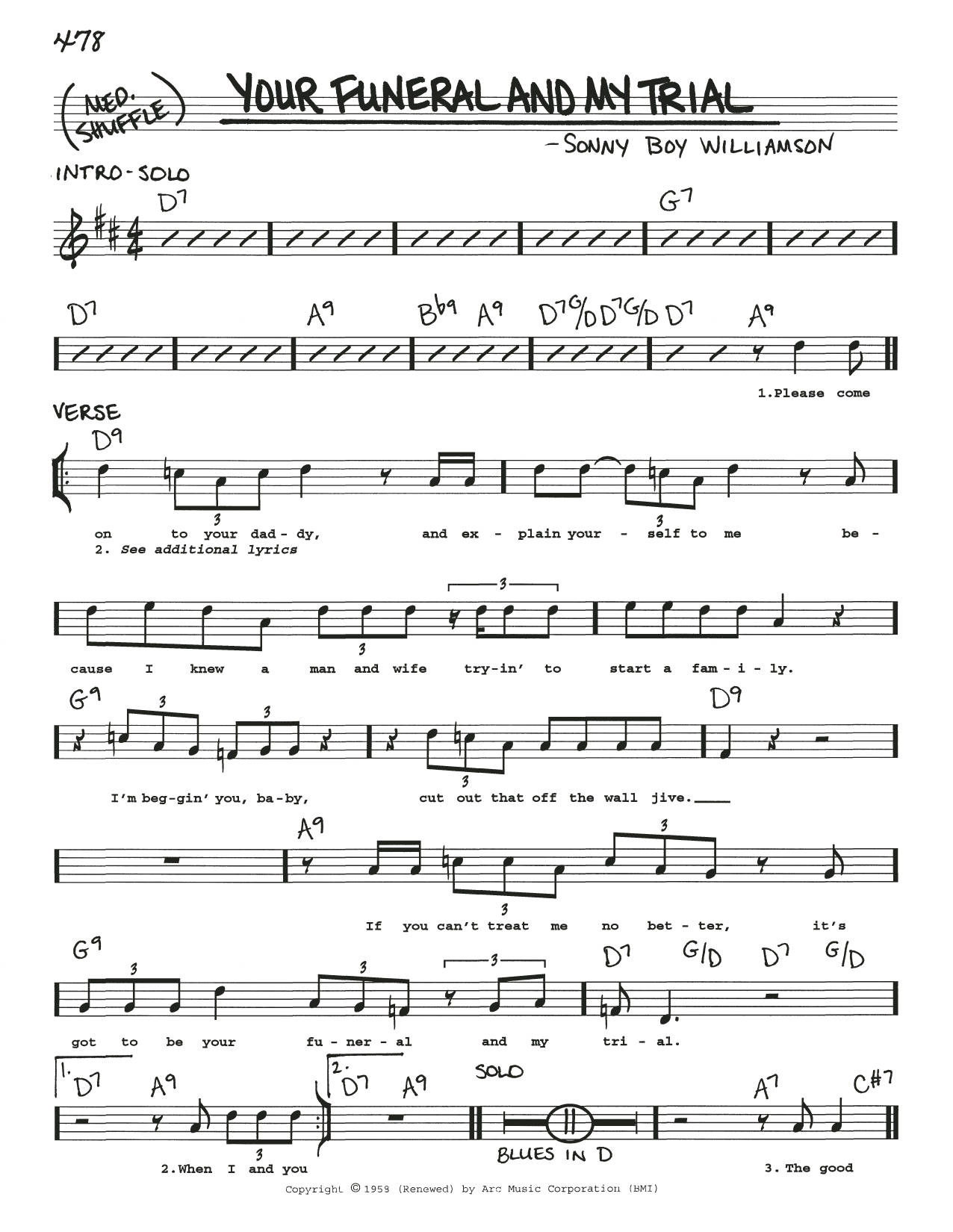 致敬Sonny Boy Williamson I的藍調口琴 壁紙 — Sonny Boy Williamson 的《Your Funeral and My Trial》手寫樂譜，附有和弦符號和歌詞。