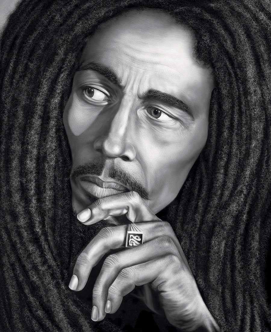 致敬傳奇雷鬼巨星鮑勃·馬利 壁紙 — 一張引人注目的 Bob Marley 黑白肖像，手托下巴，被其標誌性的辮子環繞。