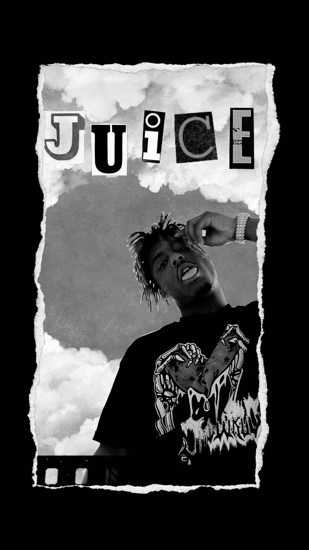 一名留著辮子頭的男子在陰天背景下調整眼睛，並以粗體字寫著「JUICE」。