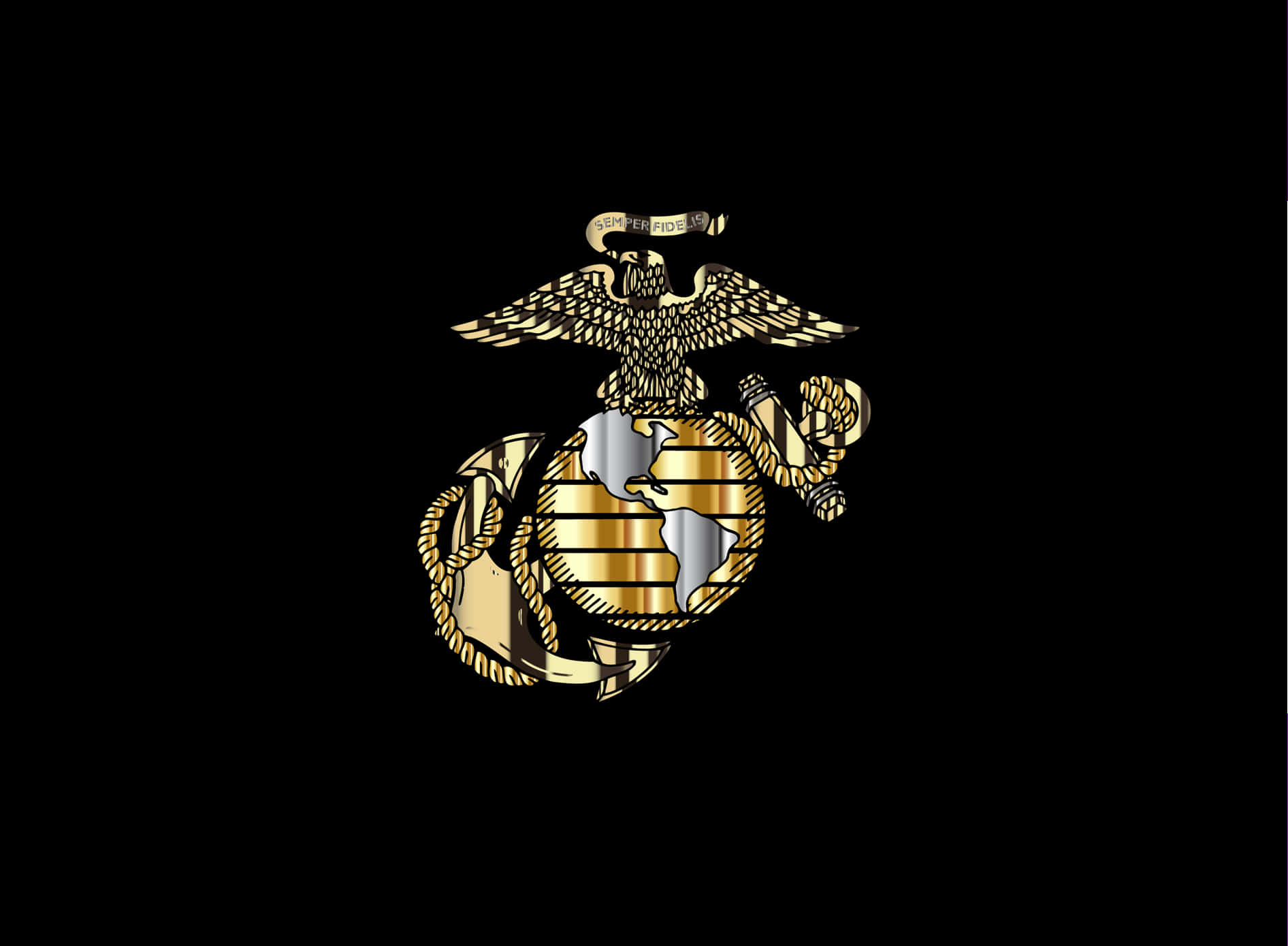 致敬美國海軍陸戰隊的英勇與無畏 壁紙 — 金鷹棲息在地球儀頂部，帶有錨和繩索，背景為純黑色。