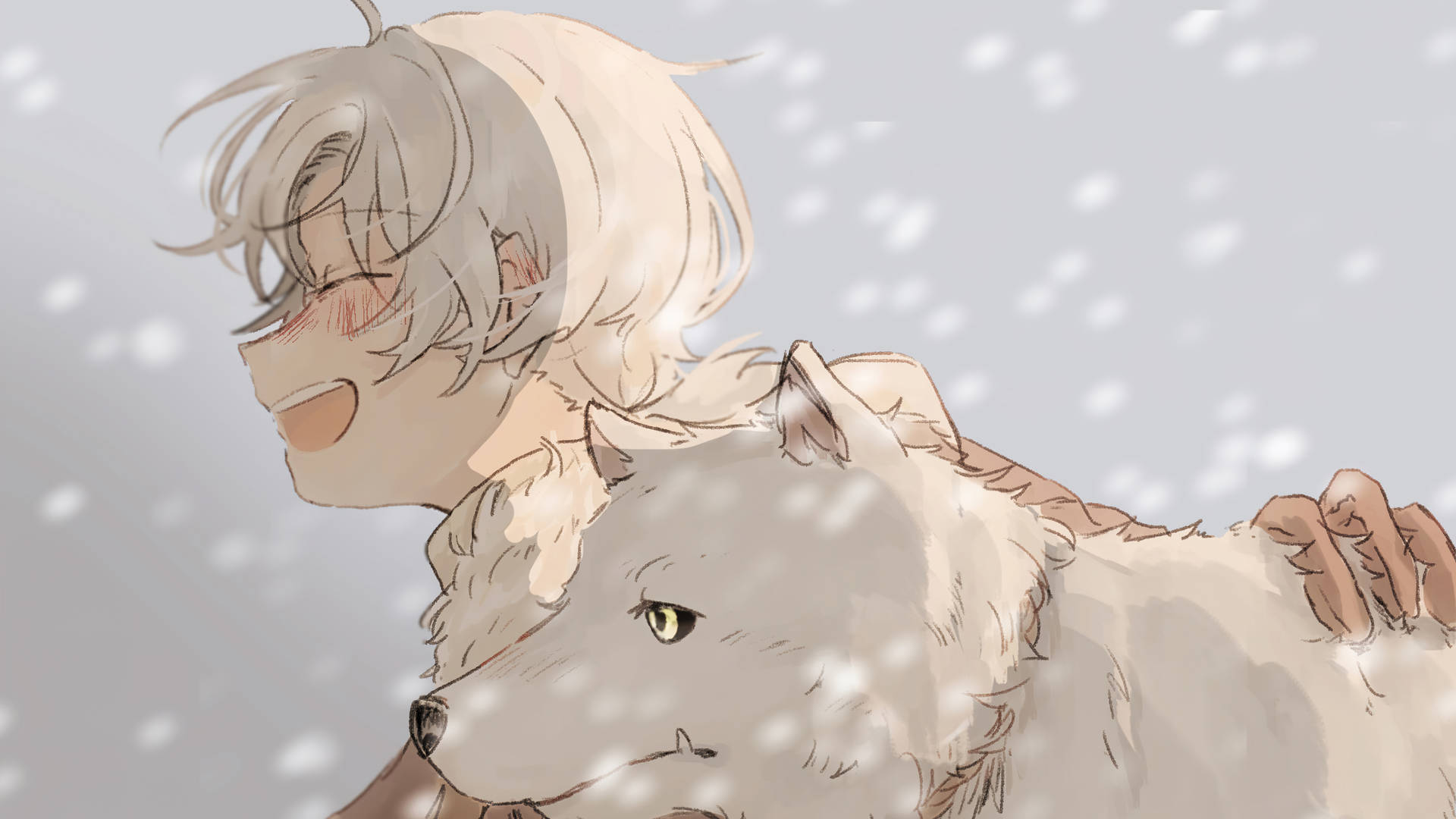 動漫男孩在飄雪中擁抱白狼