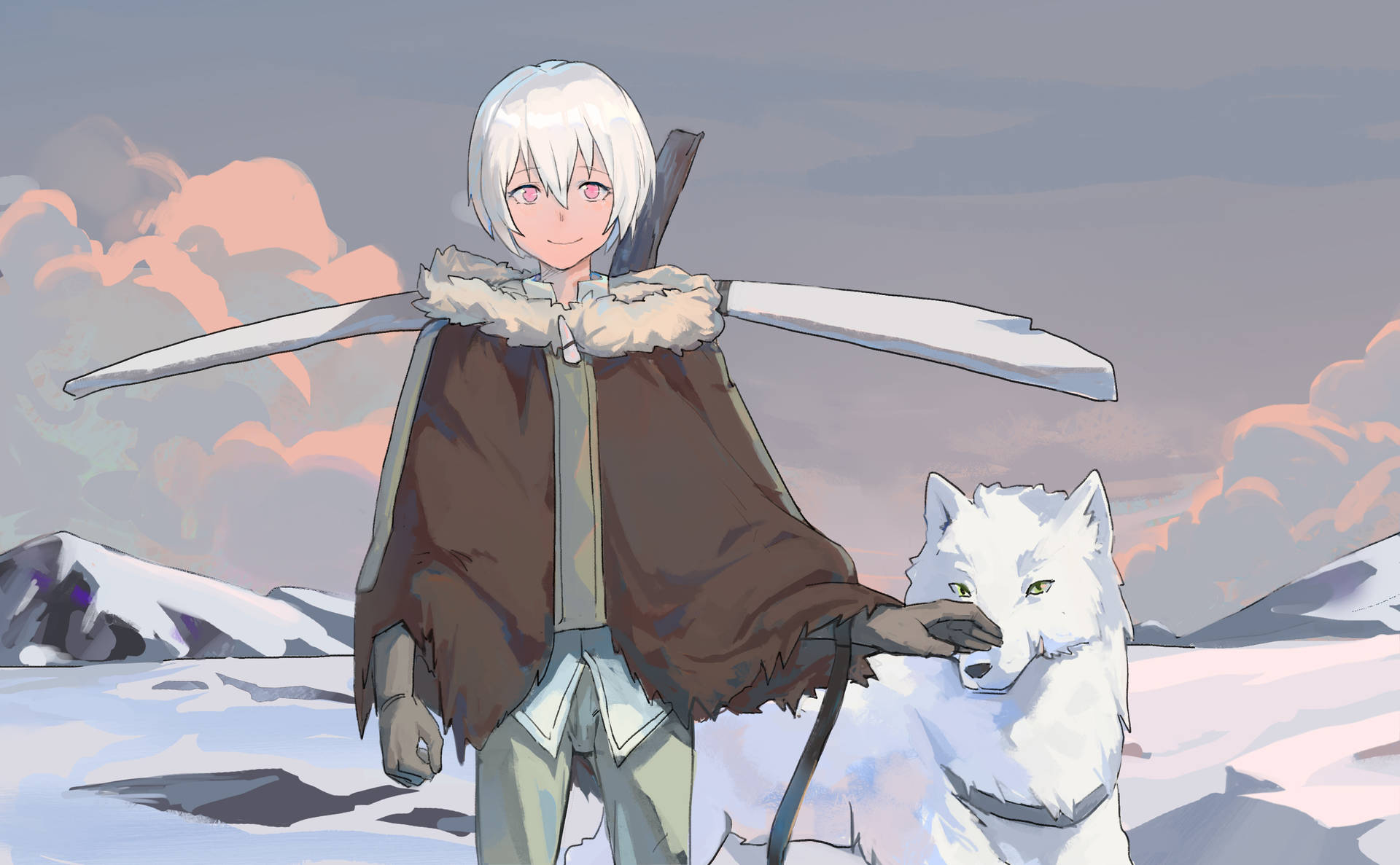 白髮動漫女孩與狼同伴在日落時的雪山中。