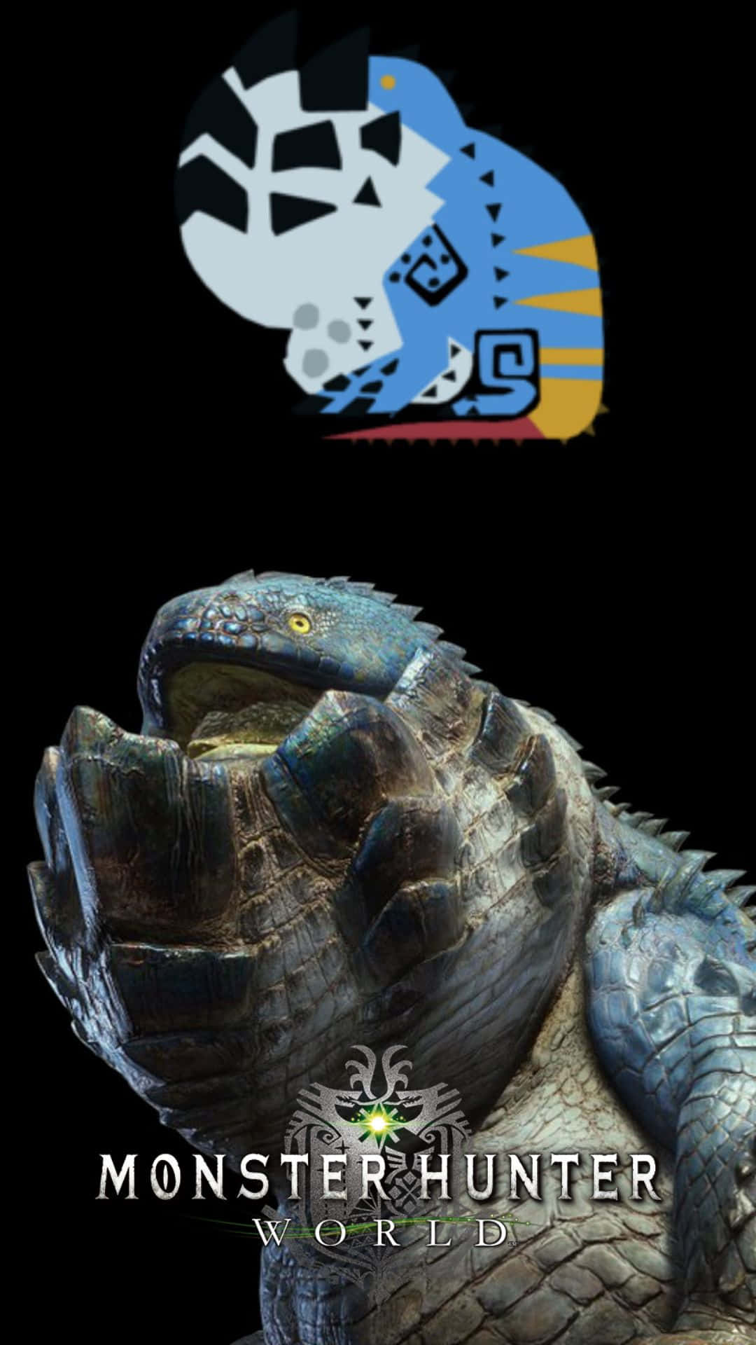 Monster Hunter World 標誌，帶有一隻咆哮的藍色鱗片怪物。