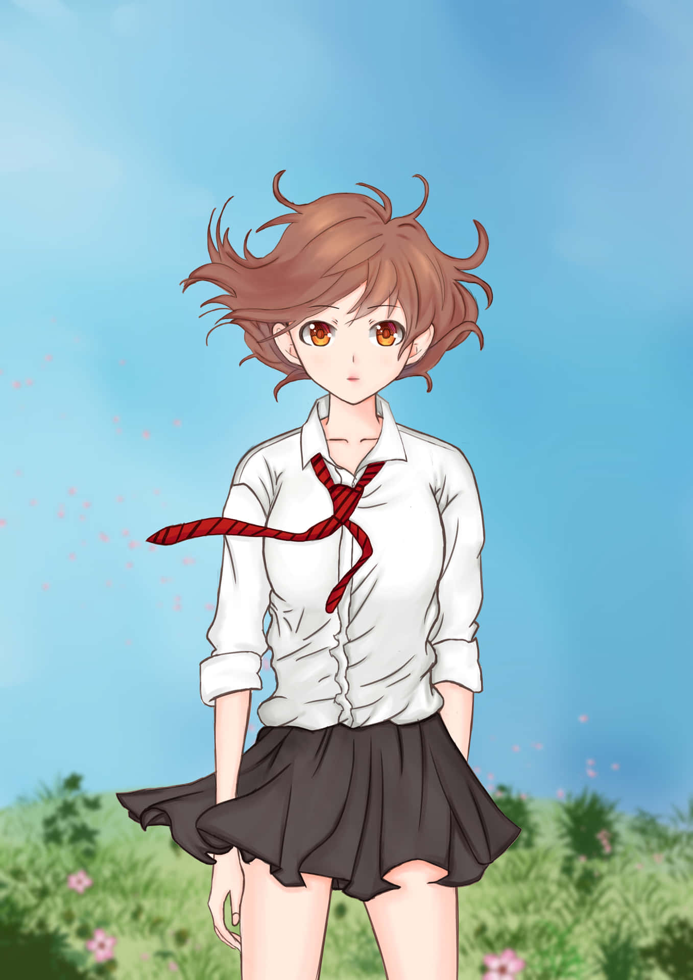 動漫女孩穿著校服站在田野中，粉紅色的花朵隨風飄浮。