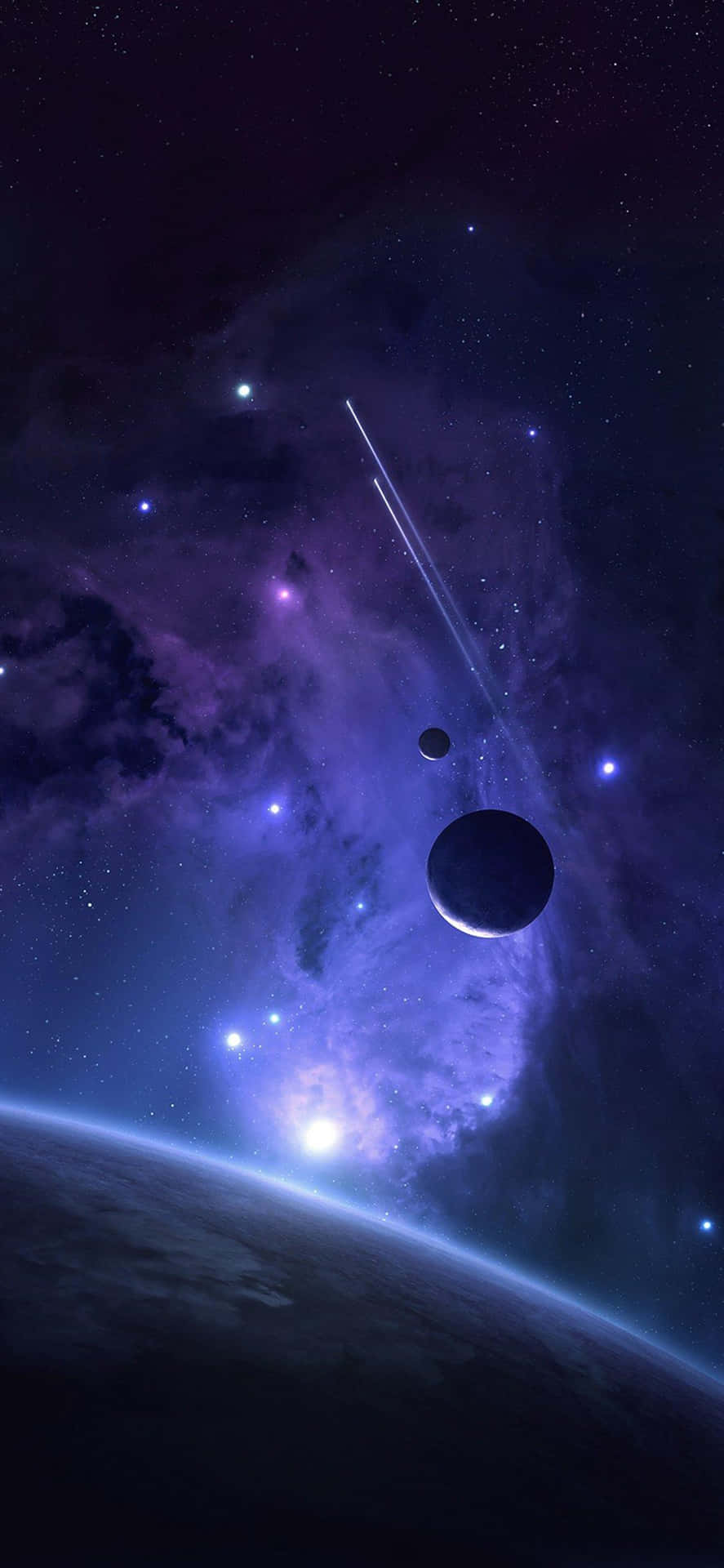 一個紫色星雲，在行星彎曲地平線上方有行星和一顆流星。
