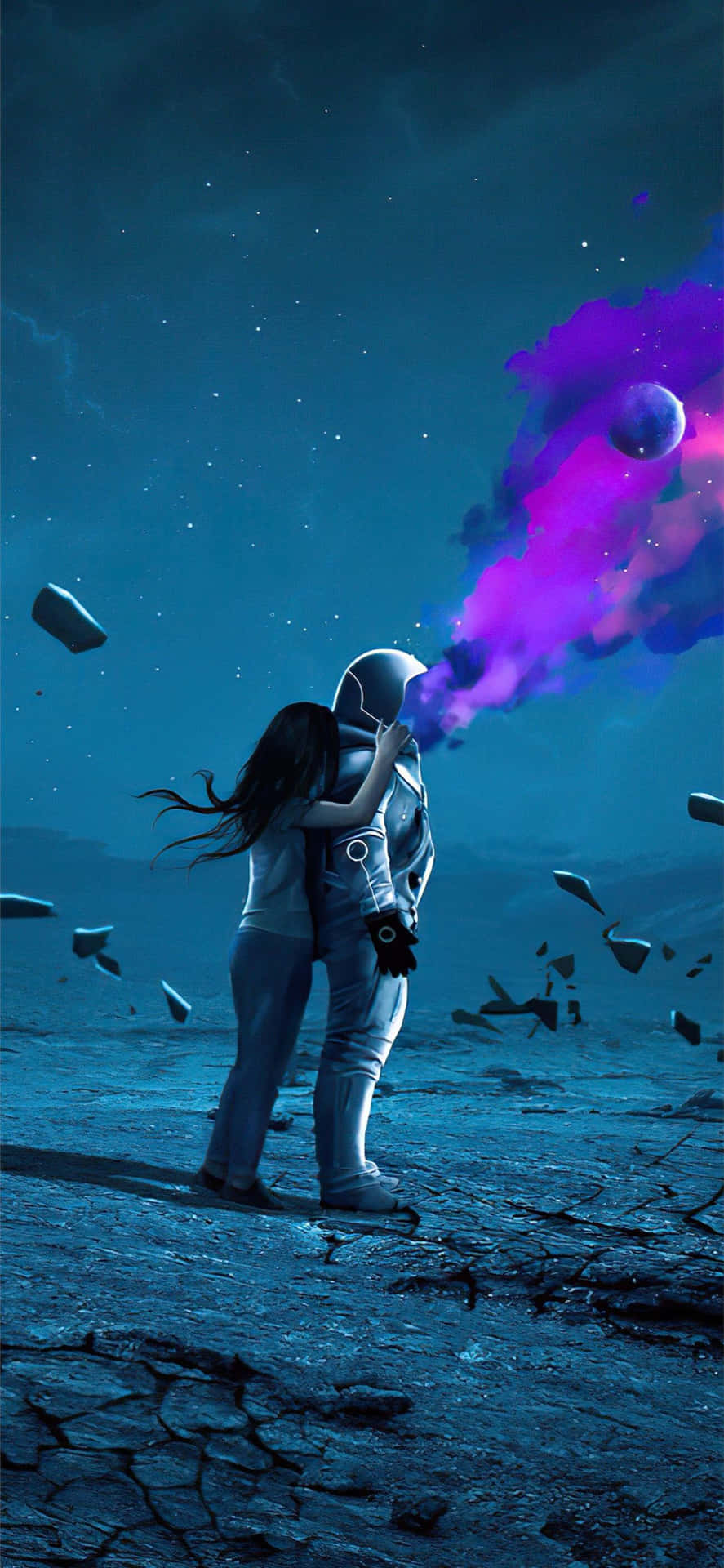 一個女人喺一個荒蕪嘅行星上擁抱一個太空人，而紫色宇宙氣體喺附近爆發。