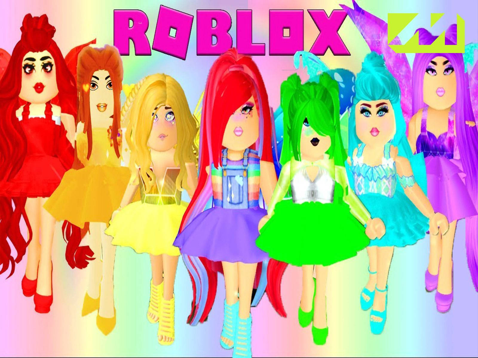 六個穿著彩色服裝的Roblox頭像站在彩虹漸變中。