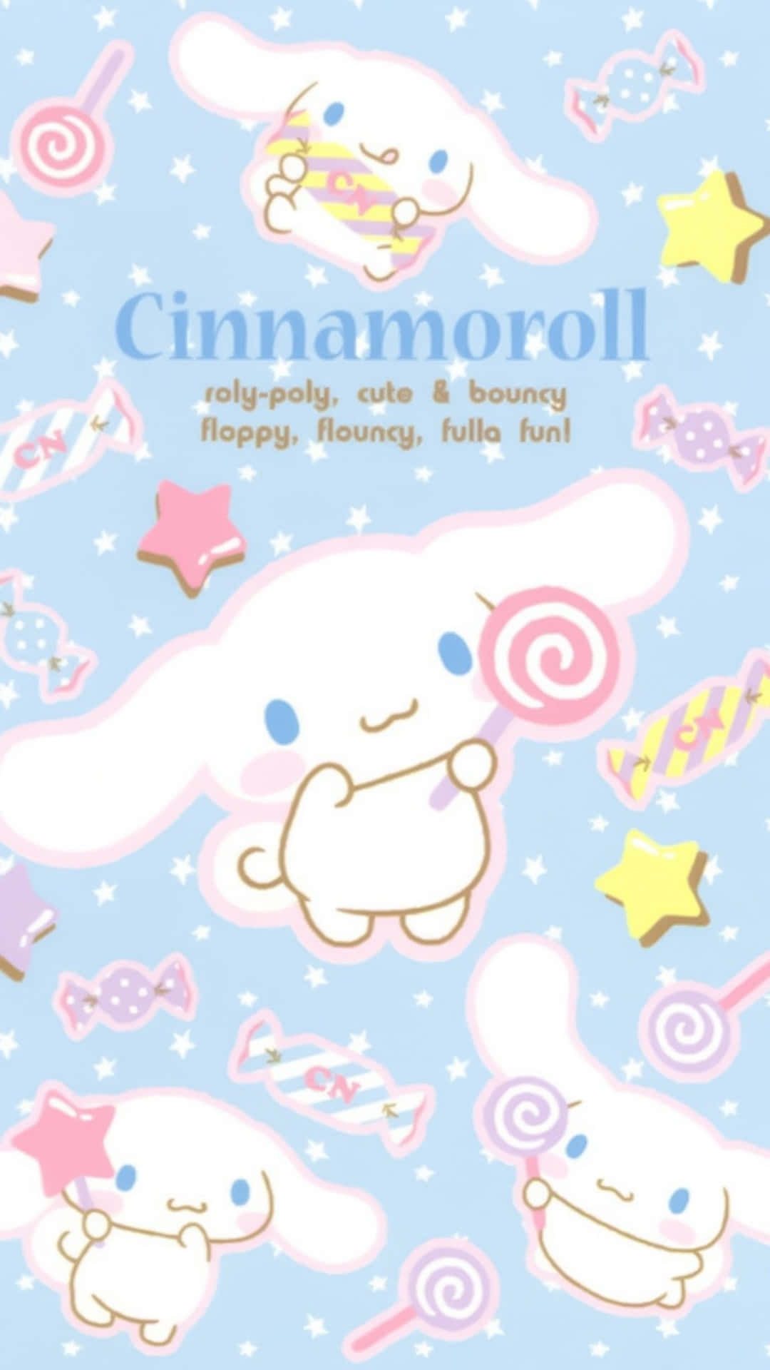 Cinnamoroll 兔子手持棒棒糖和糖果星星，背景是粉藍色星空。