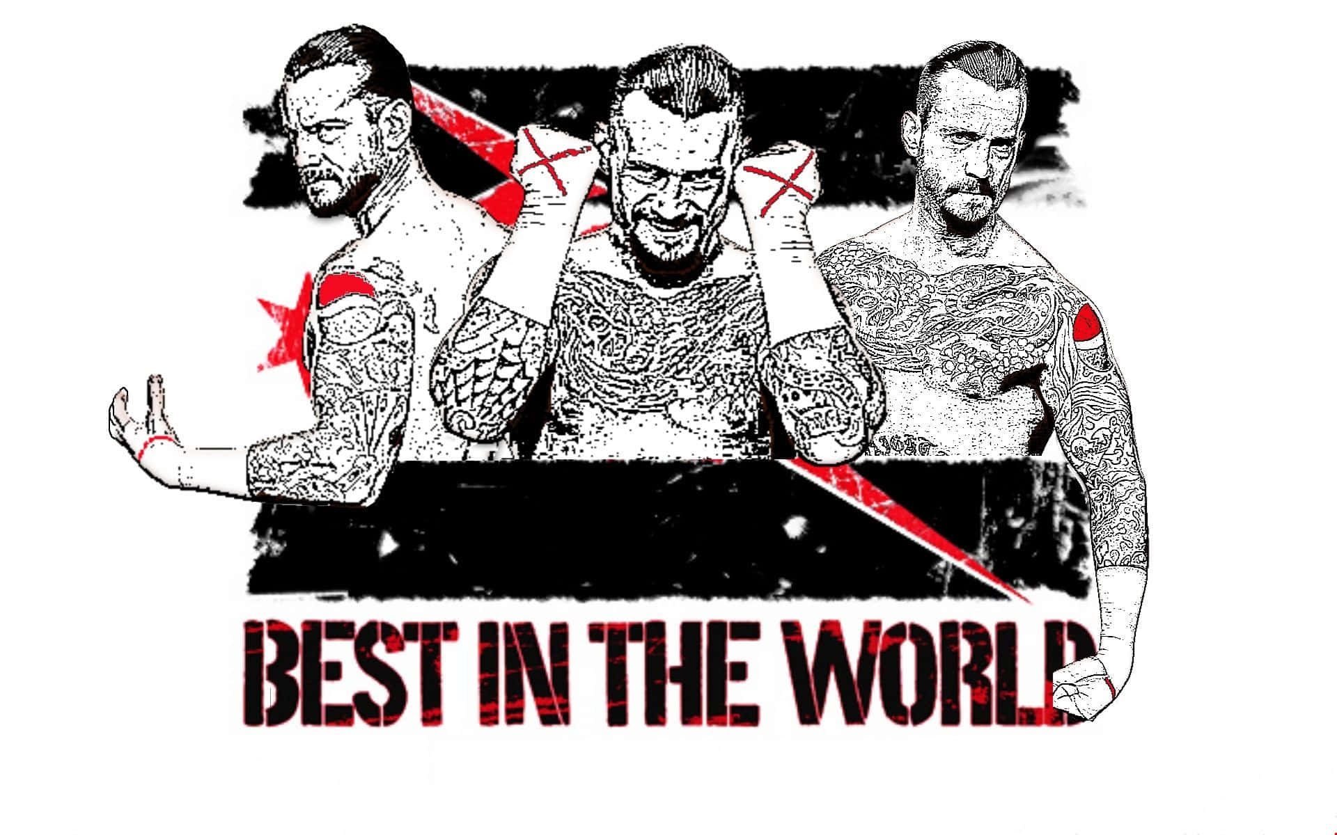 三位紋身摔角手，帶紅色點綴和粗體文字「BEST IN THE WORLD」