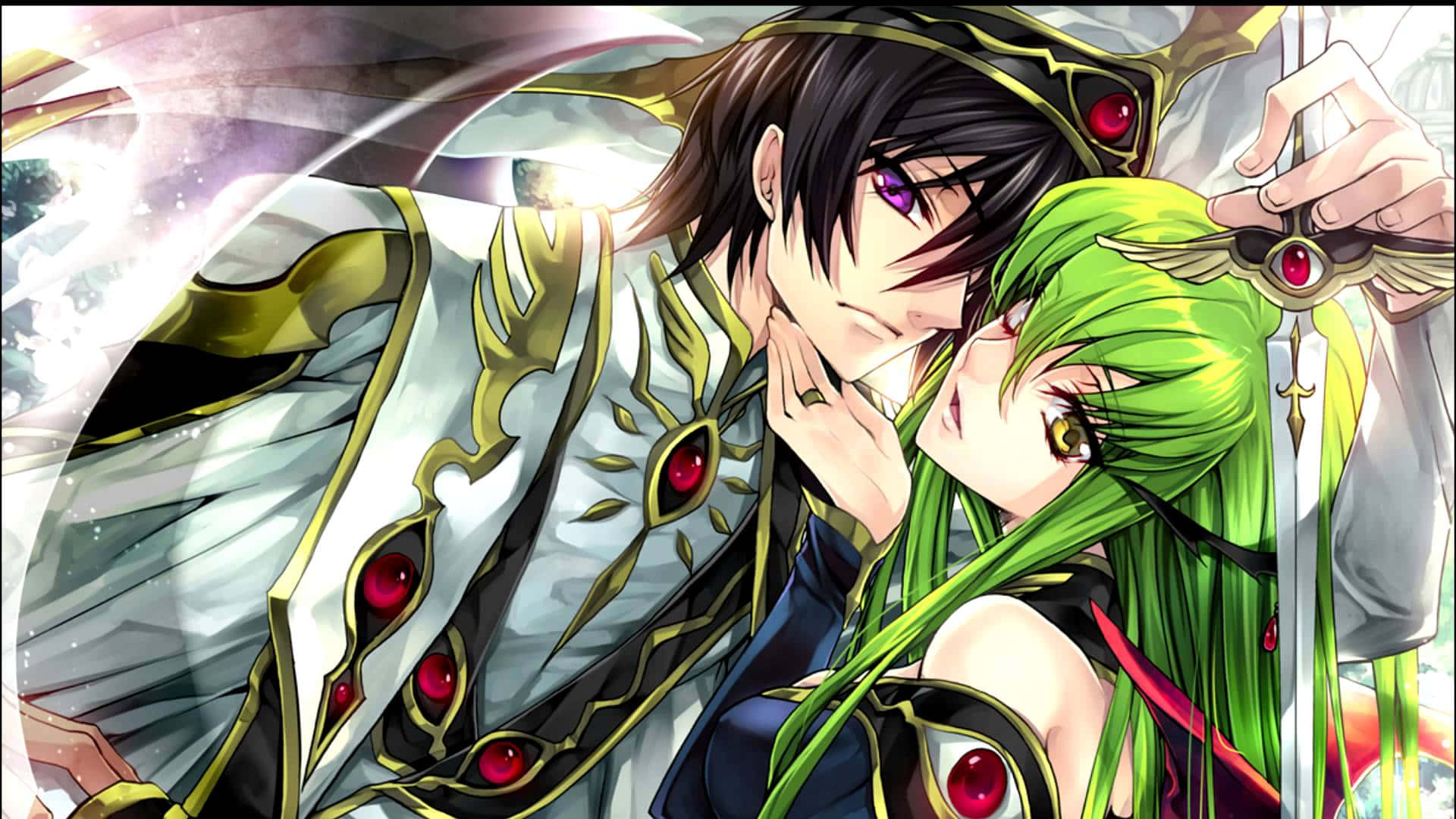 與《Code Geass》一同探索力量與命運的奧秘 壁紙 — 一個戲劇性的動漫場景，一個黑髮男子穿著華麗的白色和金色盔甲，鑲有紅色寶石，緊緊抱著一個綠髮女子，同時一隻手握著劍。