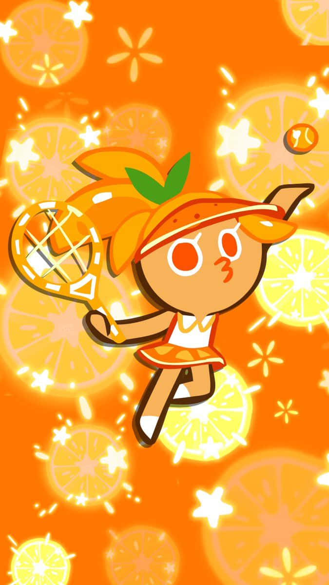 橙色曲奇角色與柑橘片和閃光一起打網球。