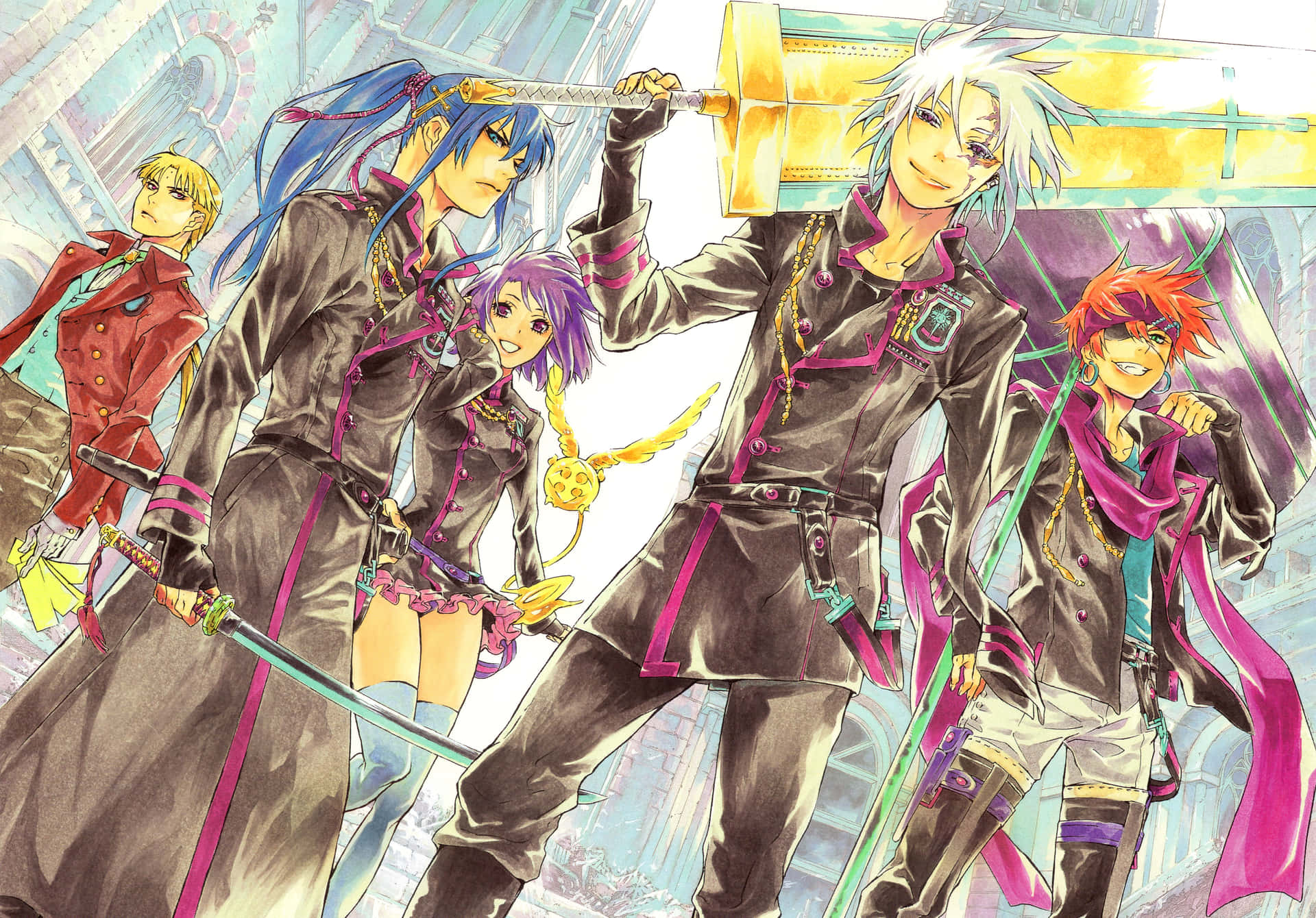 與 D Gray Man 一同對抗邪惡！ 壁紙 — 四個動漫角色穿著時尚服裝，在未來城市背景下自信地拿著武器擺姿勢。