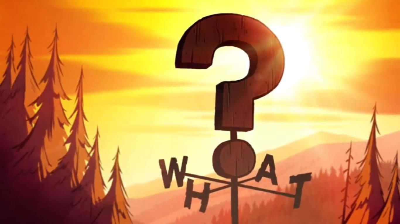 日落時分森林中的一個大木製問號，下方有「WHAT」這個詞。