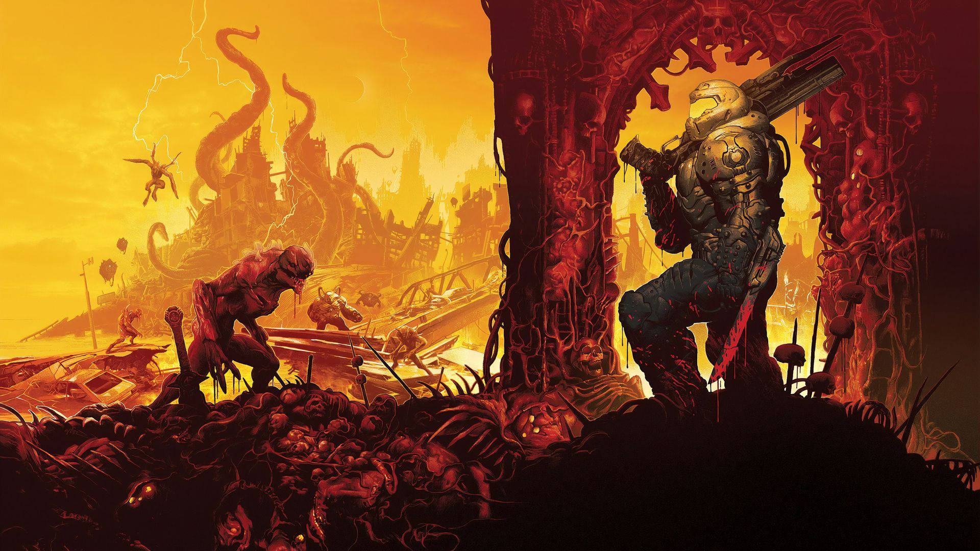 與《Doom Eternal》一同穿越地獄 壁紙 — 一個重裝戰士站在血跡斑斑的拱門中，面對著地獄般的戰場，有怪物和燃燒的城市，天空如火。