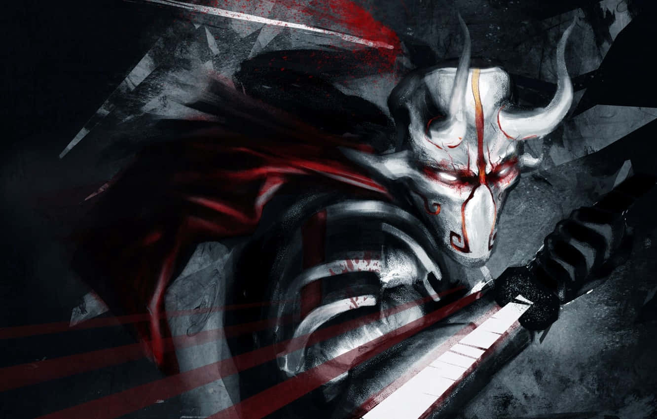 戴著白色面具和紅色披風的惡魔武士，在黑暗的戰鬥場景中揮舞著劍。