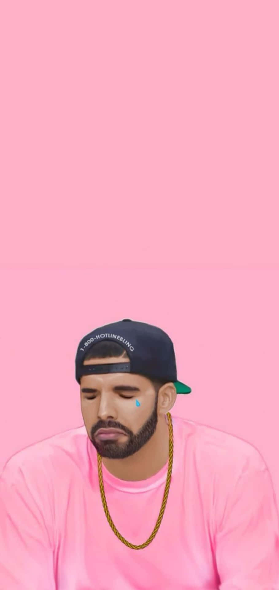 Drake 身穿粉紅色襯衫和帽子，臉頰上有一滴淚水。
