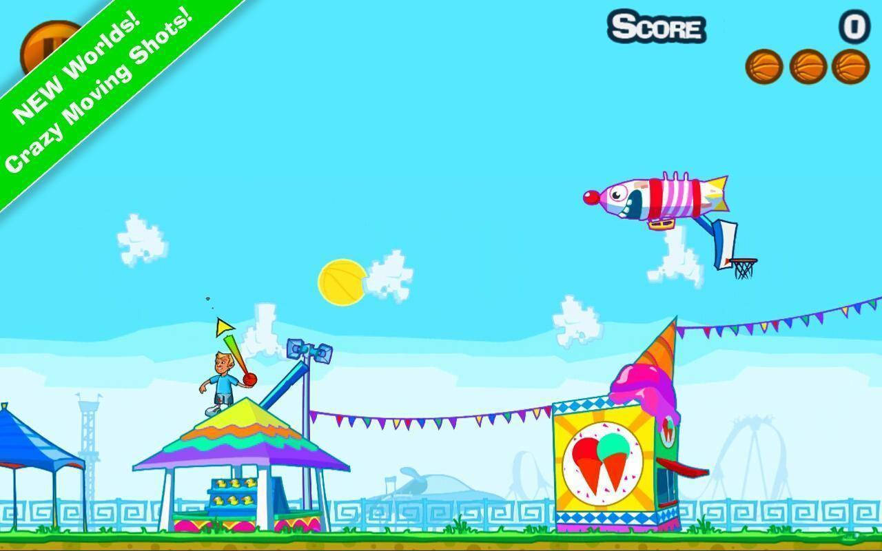 與 Dude Perfect 共享精彩遊戲娛樂 壁紙 — 一個卡通遊戲場景，小丑籃球運動員在半空中扣籃，背景是明亮的藍天和微笑的太陽。