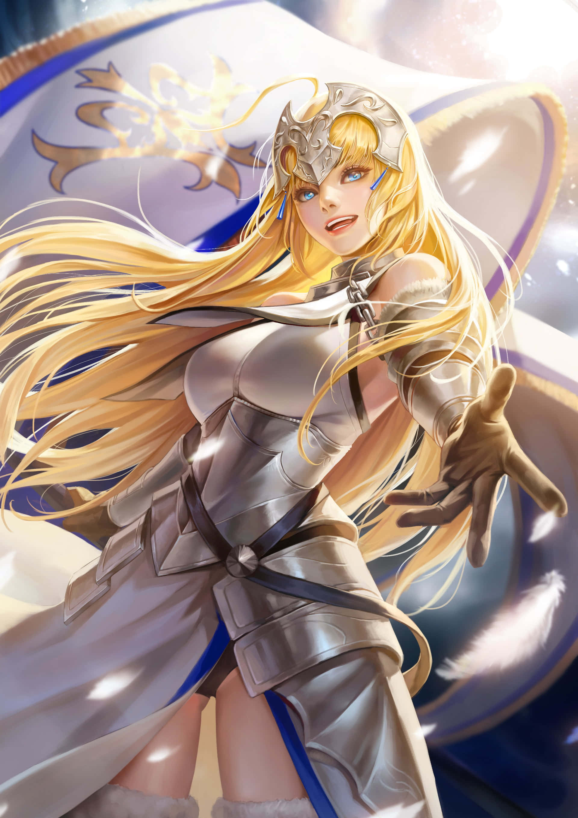 與 Fate Grand Order 一同準備戰鬥 壁紙 — 一位閃耀的金髮動漫騎士身穿銀色盔甲，在發光的藍白橫幅背景下向前伸出手。