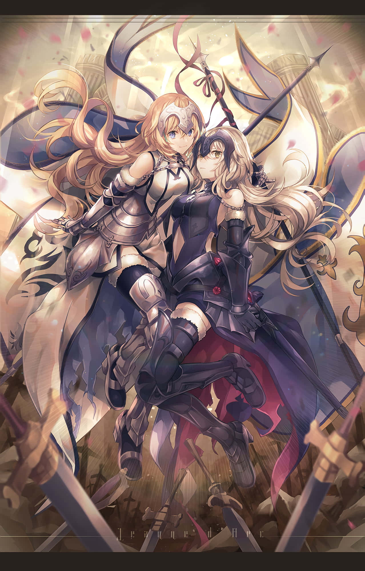 與《Fate/Grand Order》一同踏上魔法旅程！ 壁紙 — 兩位動漫風格的女戰士身著華麗盔甲，站在金色天空下，戰場上滿是斷劍和飄落的花瓣。