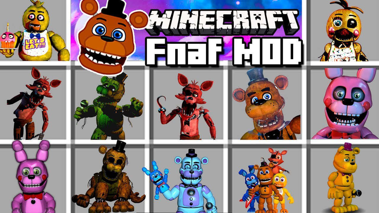 Minecraft 嘅 FNAF 機械角色 mod，附角色網格同標題。