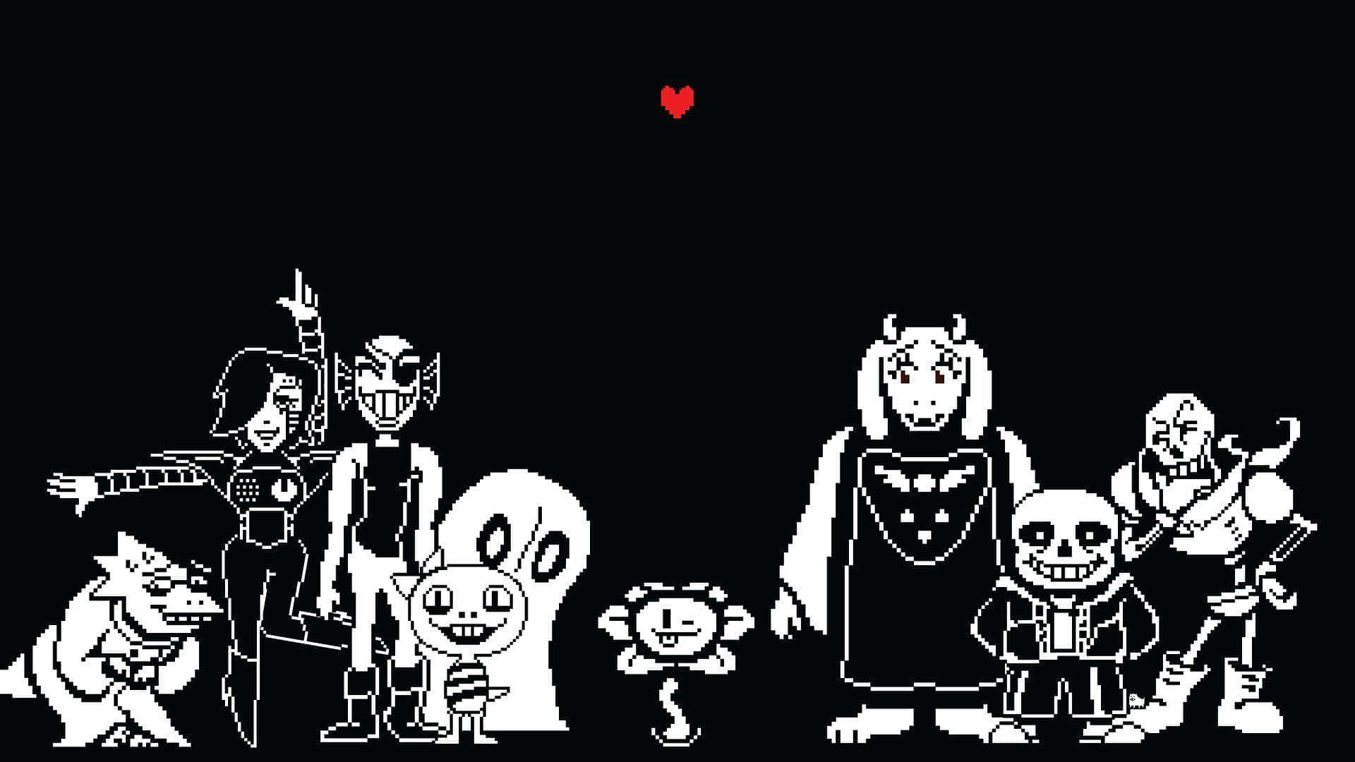 黑色背景上帶有紅色心形的像素藝術風格Undertale角色。