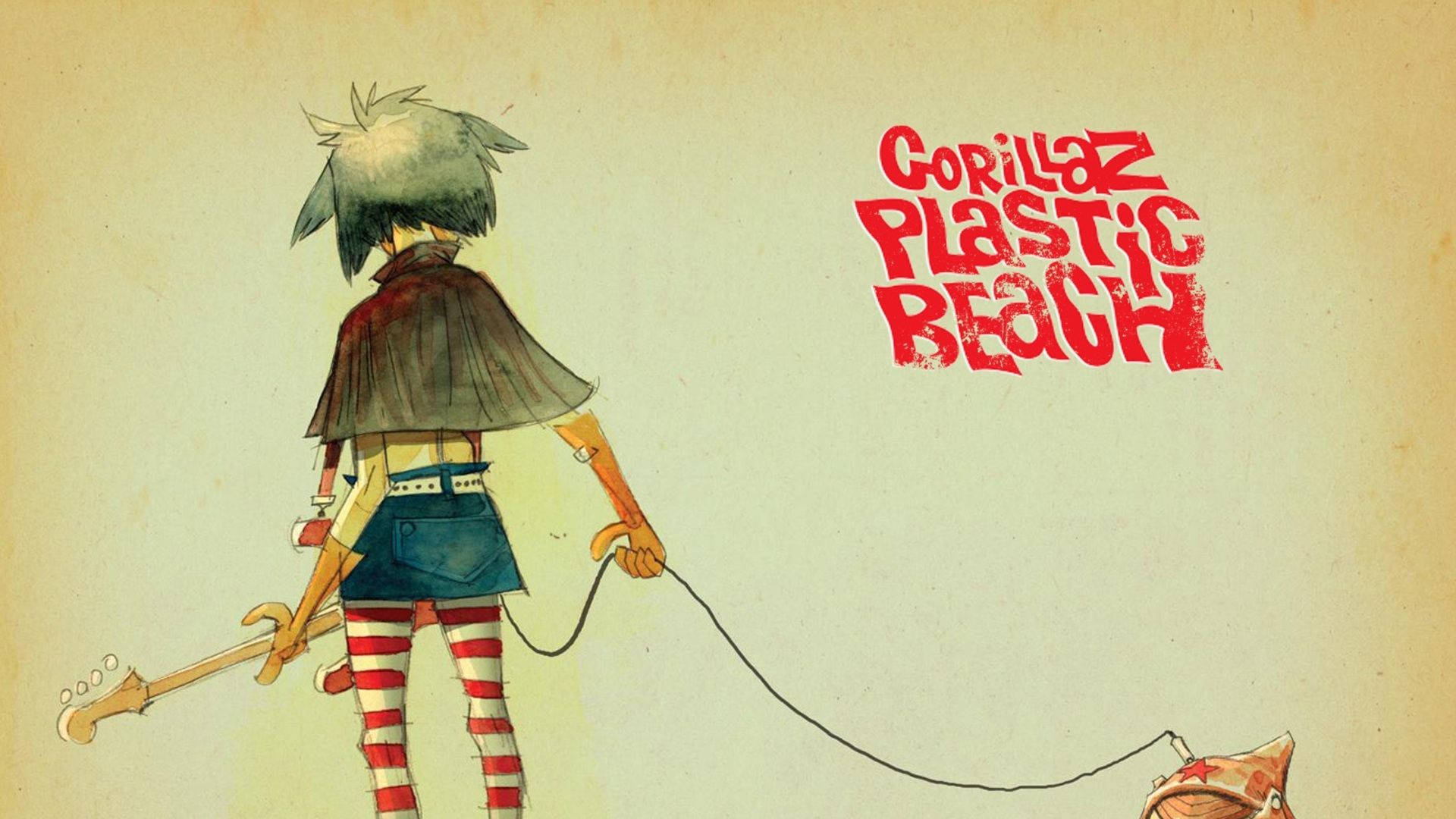與 Gorillaz 一同踏上《Plastic Beach》島嶼冒險 壁紙 — 一個風格化的卡通角色，有著尖刺頭髮，拿著結他和連著小生物的皮帶走開。