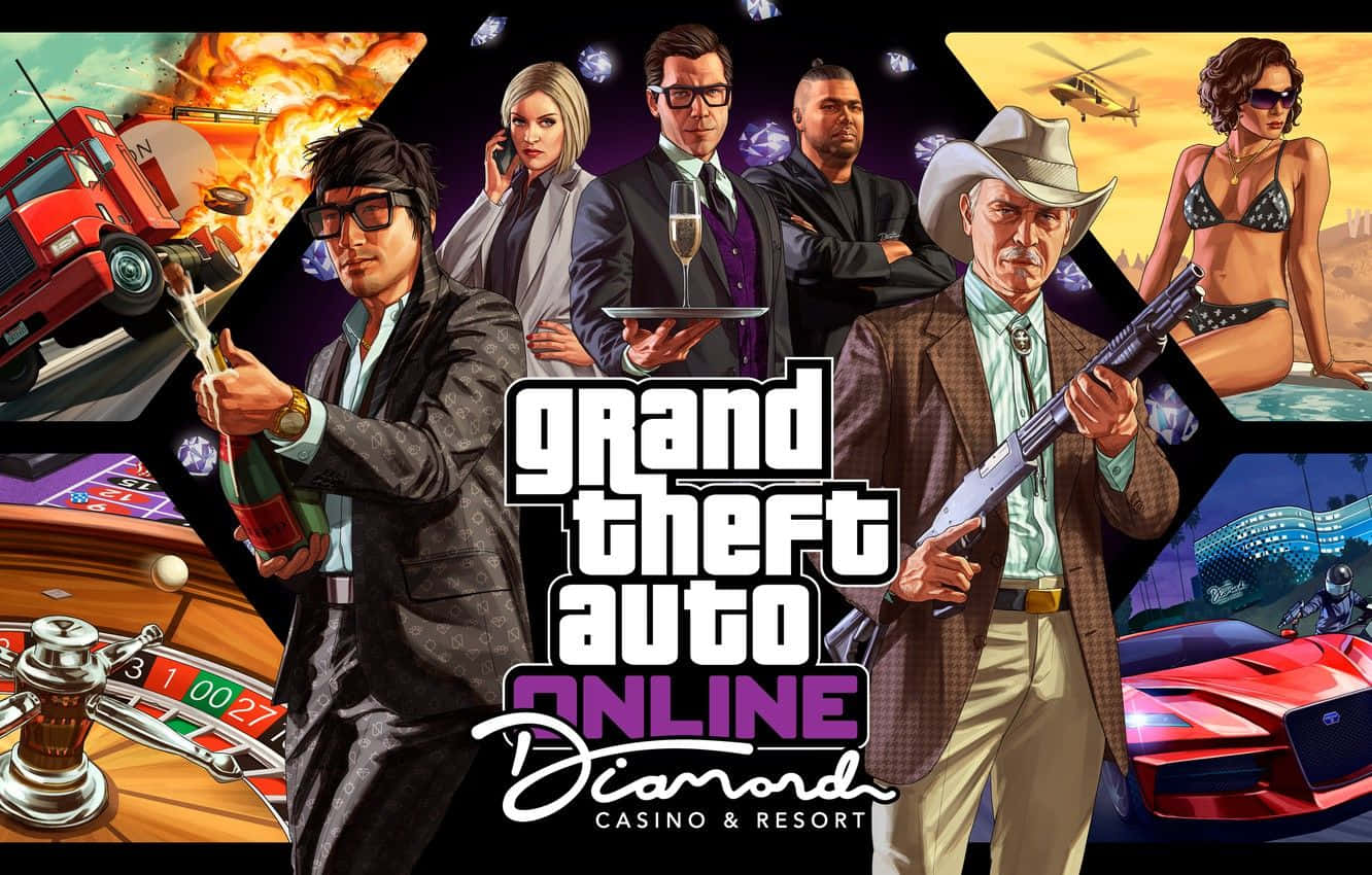GTA Online 賭場度假場景，角色手持槍支和香檳。