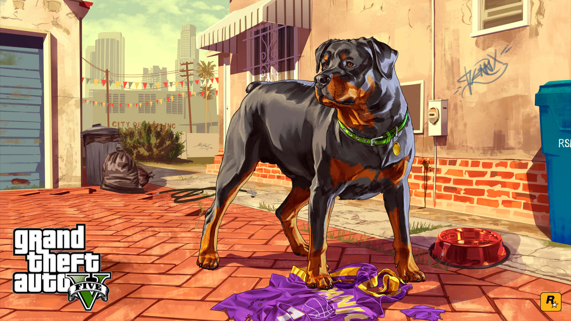 GTA V 都市小巷中的羅威納犬，穿著紫色襯衫和紅色碗