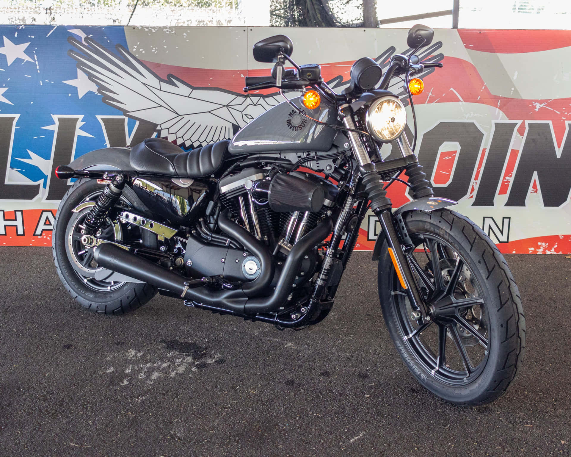 黑色Harley-Davidson電單車停放在美國國旗壁畫前。