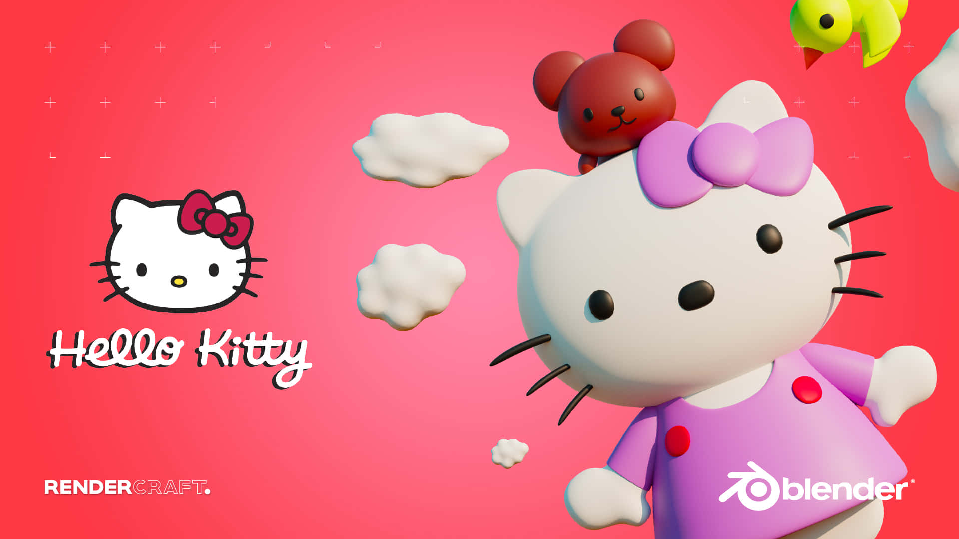 與 Hello Kitty 一同慶祝生命中的特別時刻 壁紙 — 一個3D渲染的Hello Kitty穿著紫色連衣裙，戴著粉紅色蝴蝶結，站在充滿活力的粉紅色背景前，背景中有漂浮的雲朵和一隻小熊。