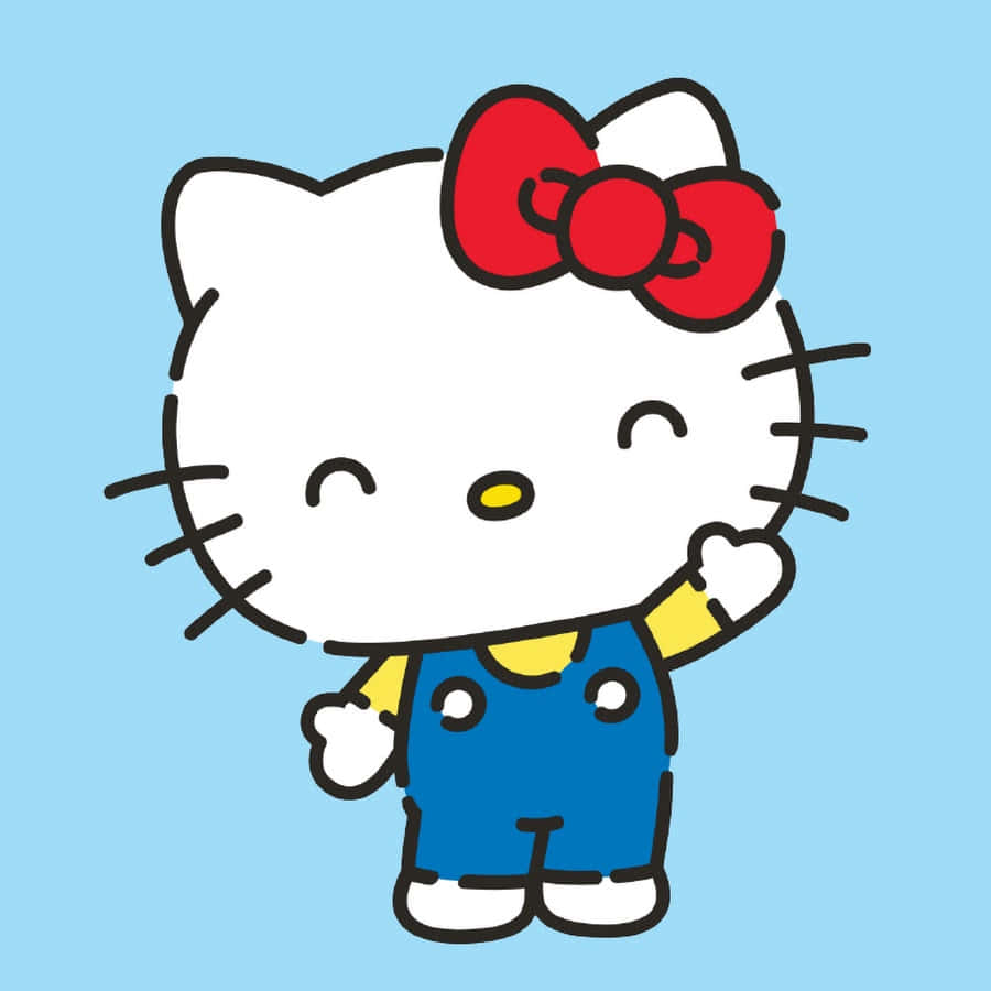 與 Hello Kitty 一起散播快樂 壁紙 — Hello Kitty 卡通角色穿著藍色工裝褲在淺藍色背景上愉快地揮手。