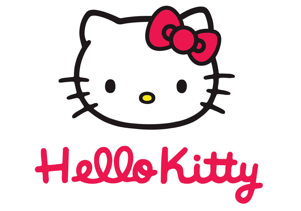 與 Hello Kitty 一起享受樂趣 壁紙 — 經典Hello Kitty標誌，紅色蝴蝶結和粉紅色字體在白色背景上。