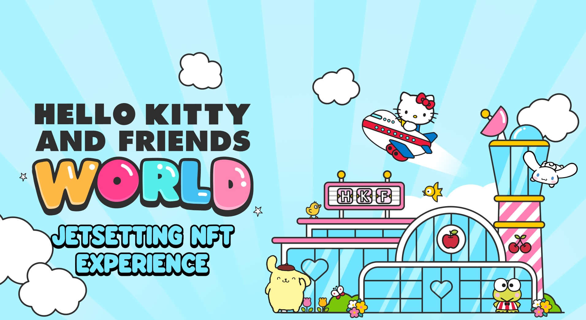 與 Hello Kitty 分享喜悅與愛 壁紙 — Hello Kitty 和朋友們乘坐色彩繽紛的卡通飛機，在一個帶有柔和色建築和蓬鬆雲朵的夢幻機場上空翱翔。